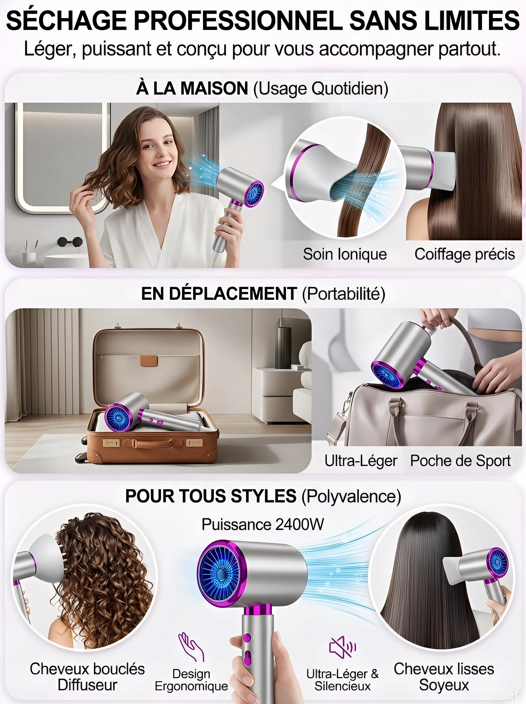Sèche Cheveux Ionique 2400W Diffuseur Boucles 3 Températures 2 Vitesses Air Froid