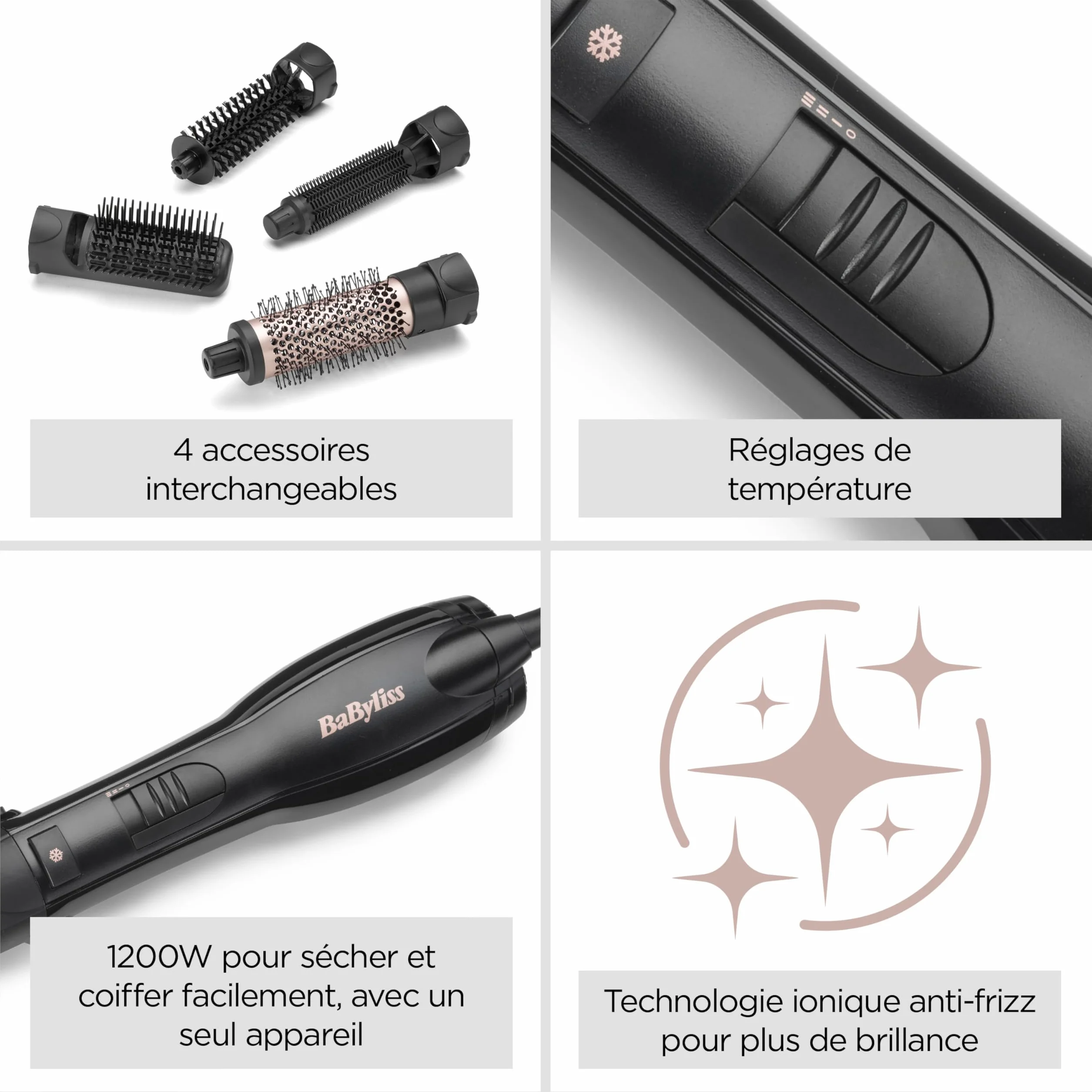 BaByliss Smooth Finish 1200 Brosse Soufflante 4-en-1 1200W Technologie Ionique & Céramique Noir/Rose AS122E