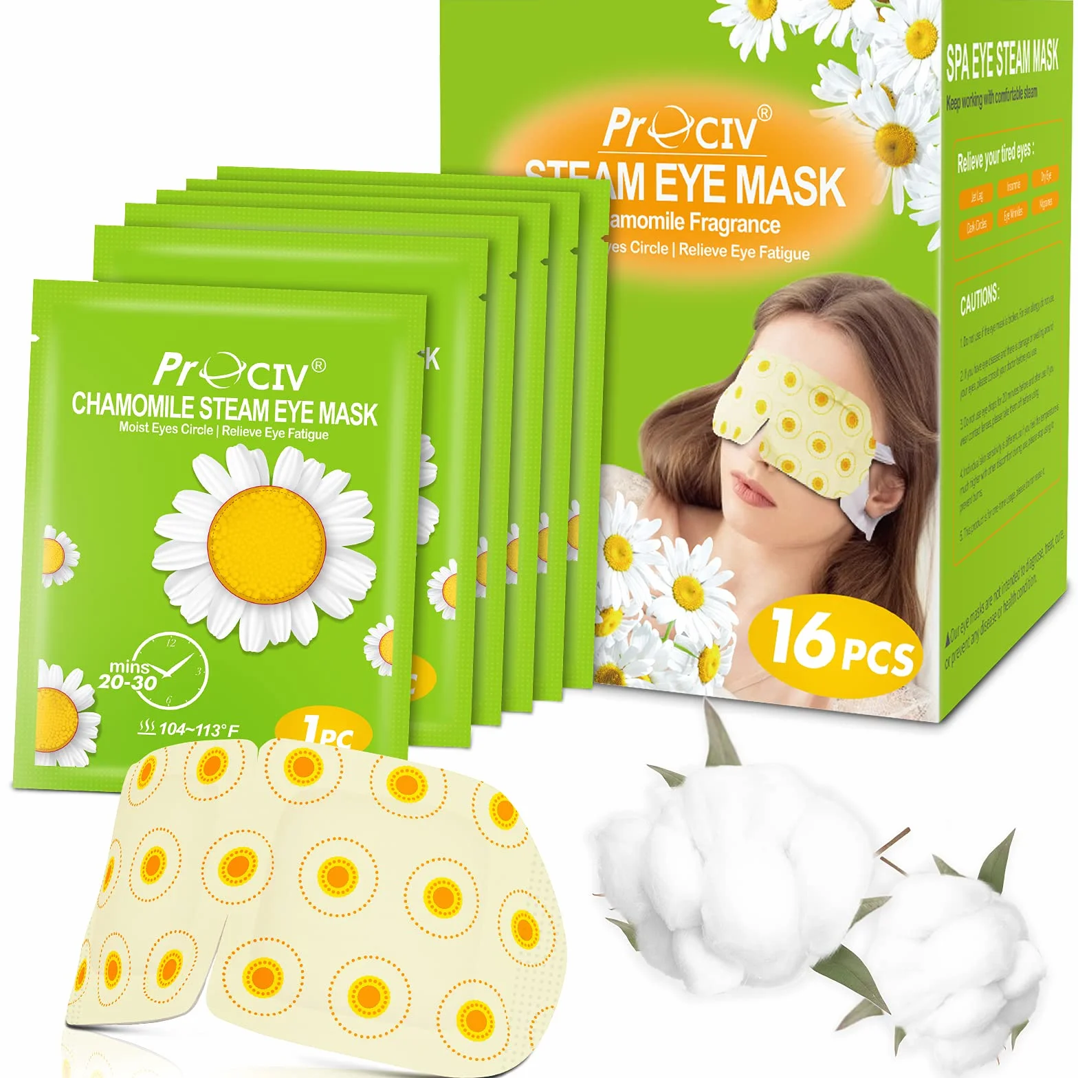 16 paquets de masque pour les yeux à la vapeur pour les yeux secs fatigue de sommeil cernes gonflés auto-chauffant compresse chaude masque pour les yeux jetable (camomille)