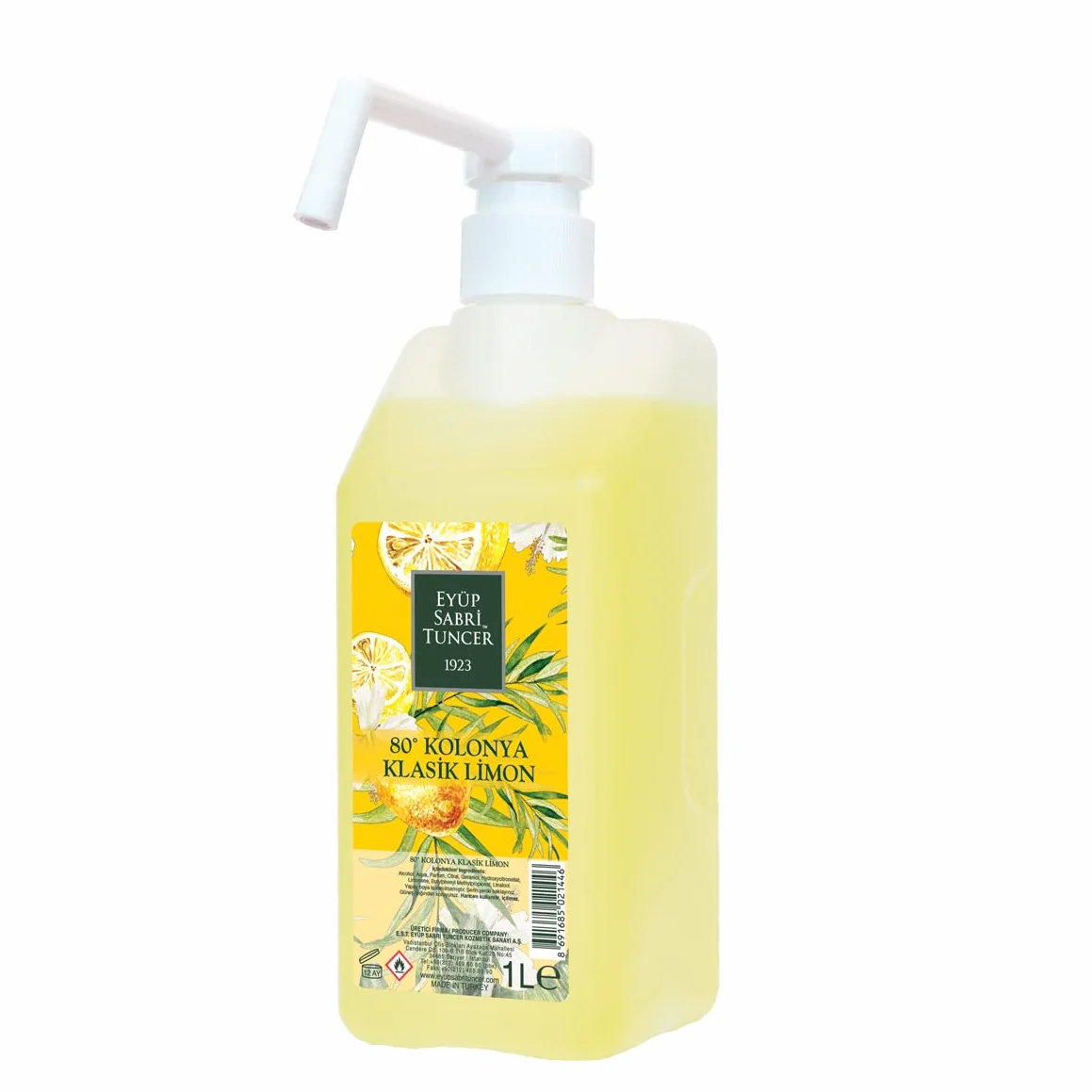 Eyüp Sabri Tuncer Kolonya Limon 80°, 1 litre I Eau parfumée turque traditionnelle pour les mains, l'eau de rasage, après-rasage I Eau de Cologne pour homme I Eau de Cologne - Citron classique (citron)