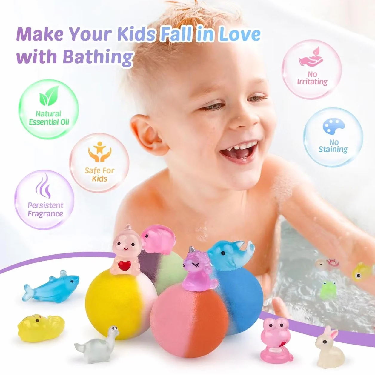 Bombes de bain bio pour enfants avec jouet surprise phosphorescent, 36 boules moussantes faites à la main, coffret cadeau anniversaire Pâques Noël