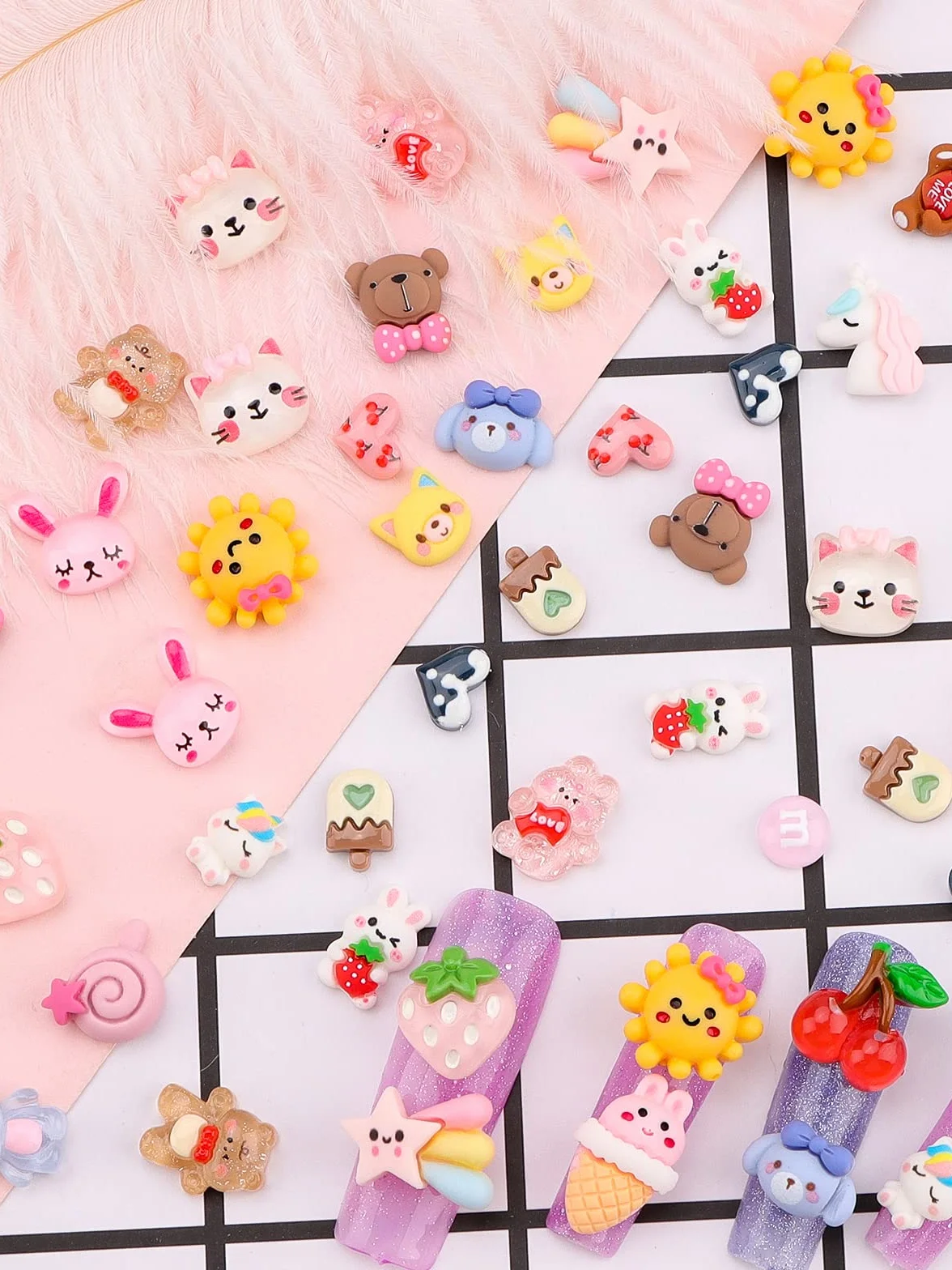 Lot de 100 breloques à ongles Kawaii en résine à dos plat pour fabrication de bijoux