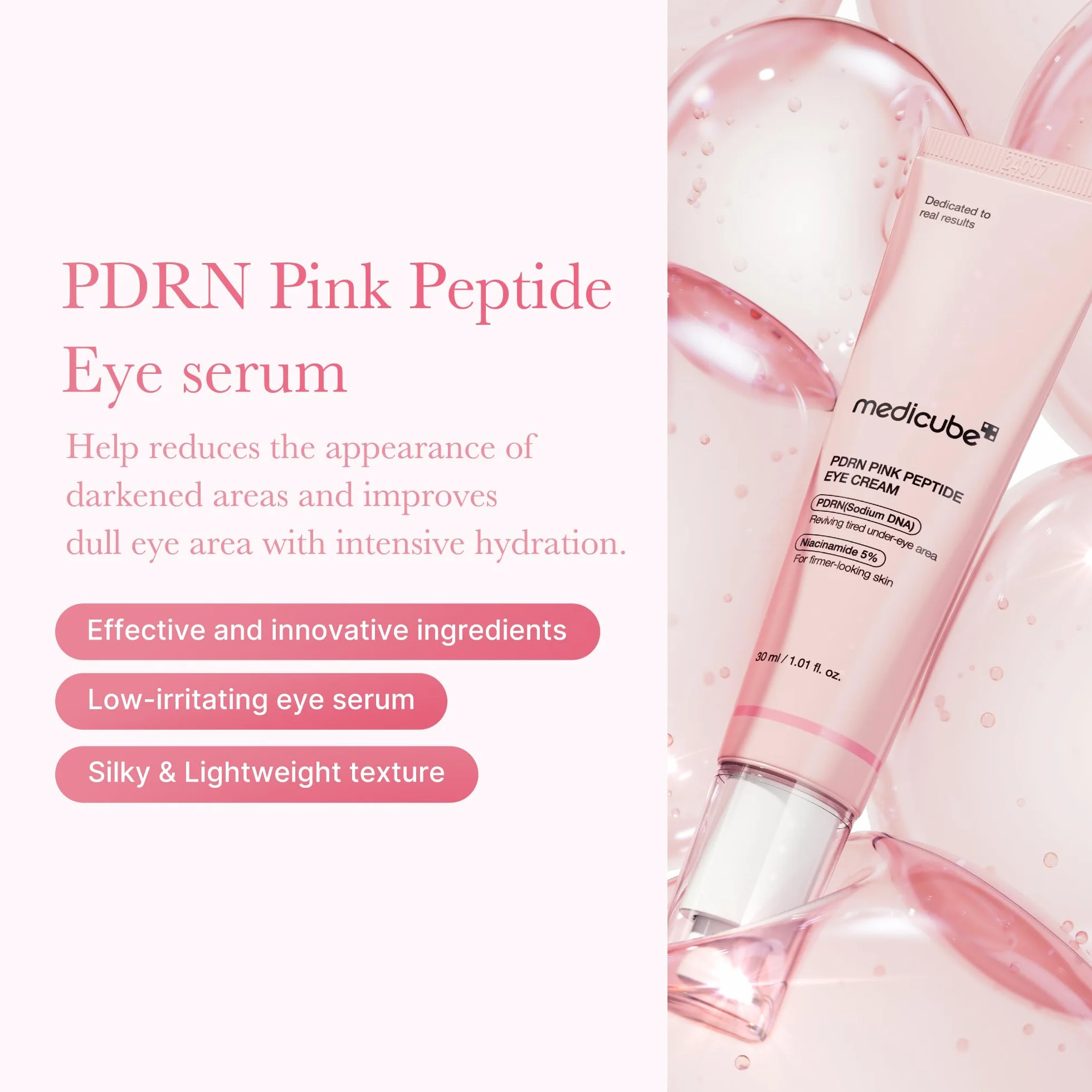 Medicube Salmon DNA PDRN Pink Peptide Eye Serum 1.01 fl.oz – Sérum yeux Niacinamide Rétinol pur – Rides fines teint irrégulier