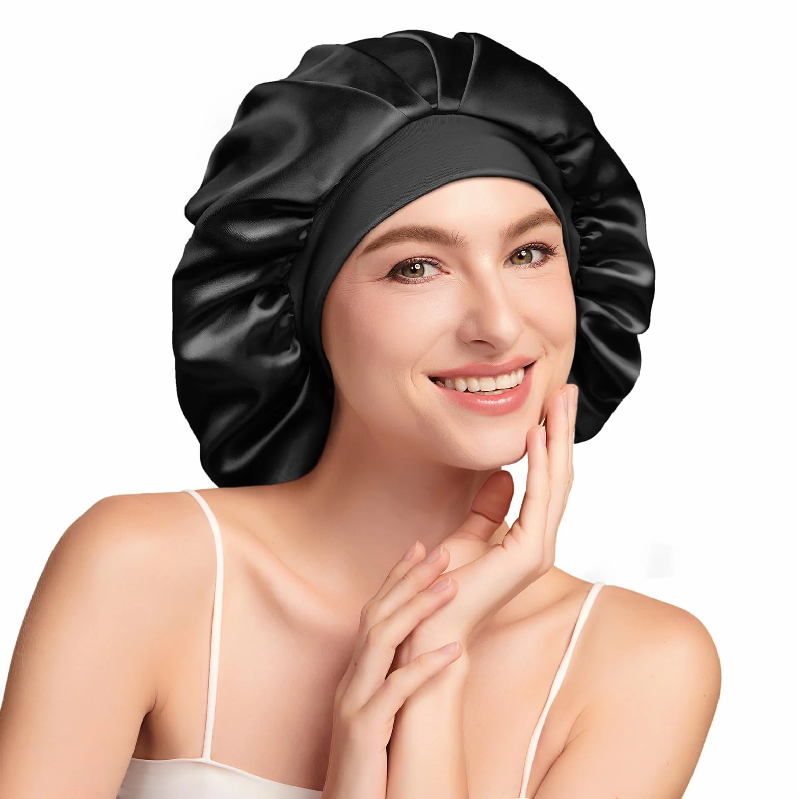 Umisleep Bonnet Soie Cheveux Nuit avec Doublure Soie de mûrier 22 Momme – Double Couche, Grande Taille pour Cheveux Longs ou bouclés, Bande Large réglable, Ultra-Doux, Noir+Violet