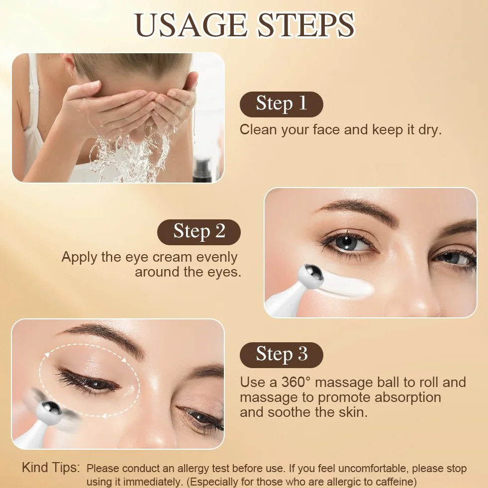 Sérum Crème Yeux à La Caféine 360° Ice Rolling Sphere Anti-Cernes & Rides 5% Caféine Acide Hyaluronique Niacinamide Peptides Hydratation 72h Contour des Yeux