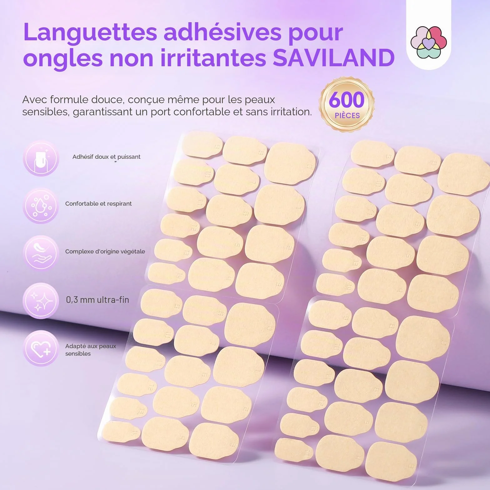 SAVILAND Mini-Adhésifs Végétaux Faux Ongles 600 Pads Hypoallergéniques Ultra Fins Respirants Longue Tenue Press-On Nails Nail Art
