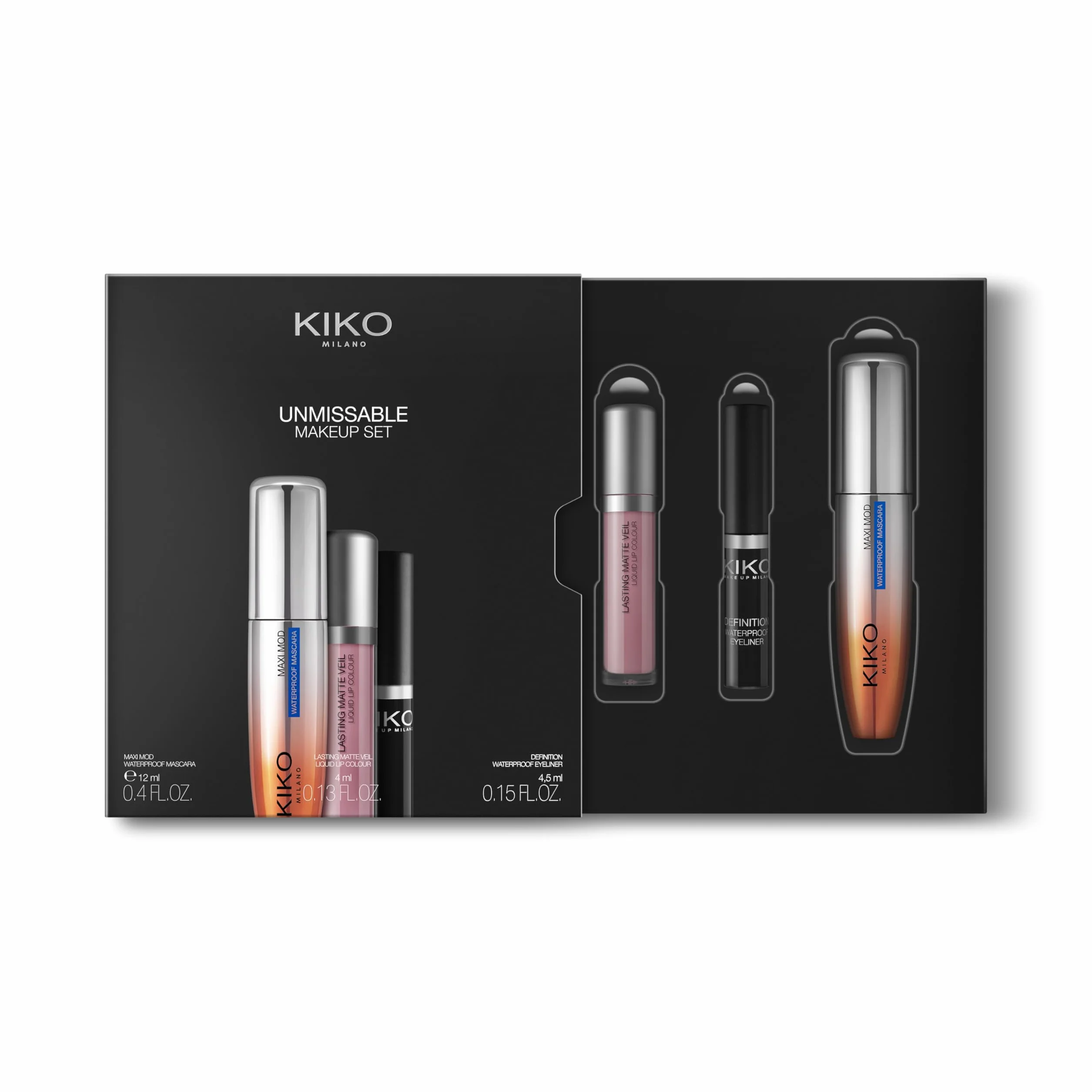 KIKO Milano Unmissable Makeup Set, Kit De Maquillage: Mascara Et Eye-Liner Résistants À L’Eau, Rouge À Lèvres Liquide Mat