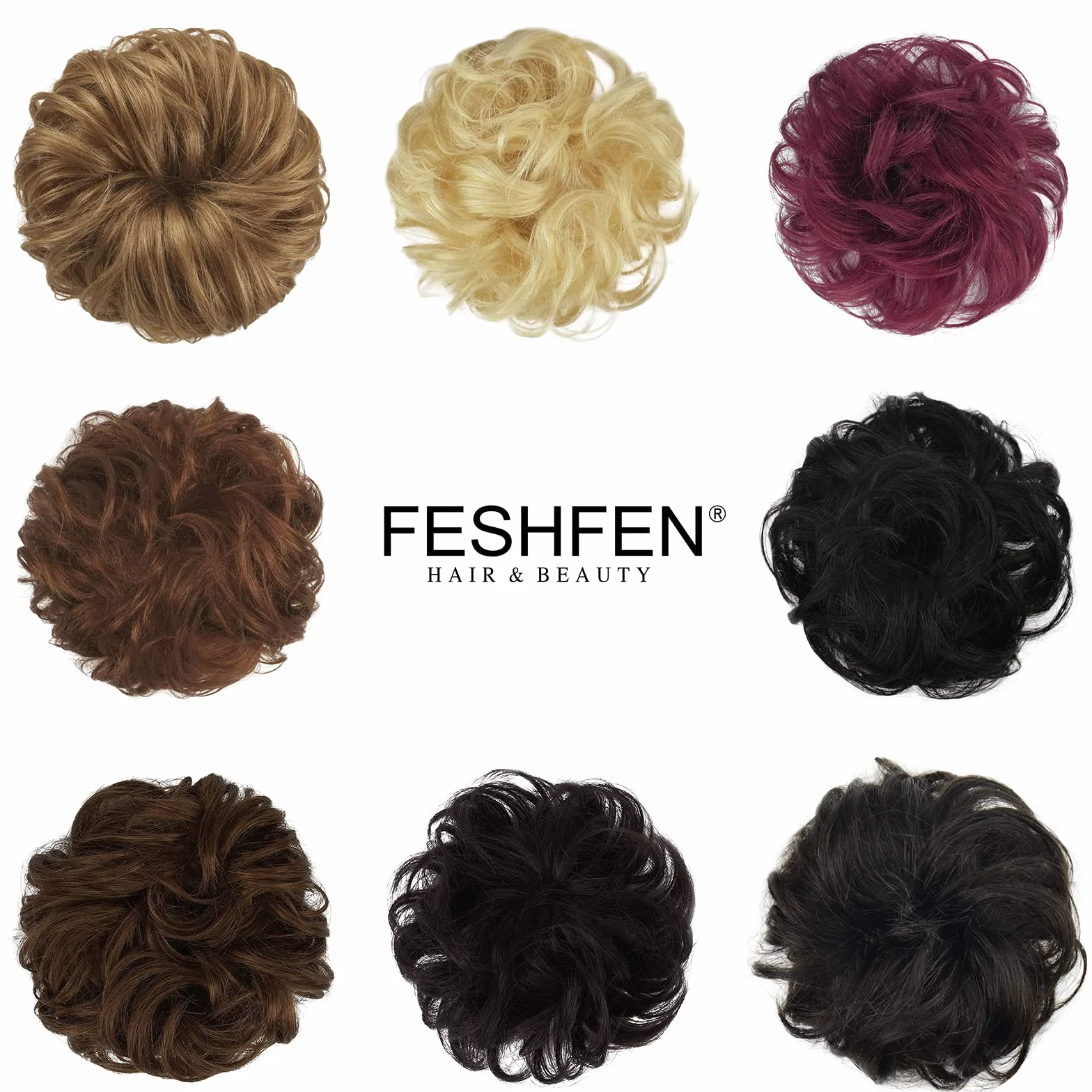 FESHFEN Postiche Chignon Naturel - 100% Humains Cheveux Ondulés Chouchou Postiches Extension Elastique pour Femme, Blond mélangé Chatain Clair