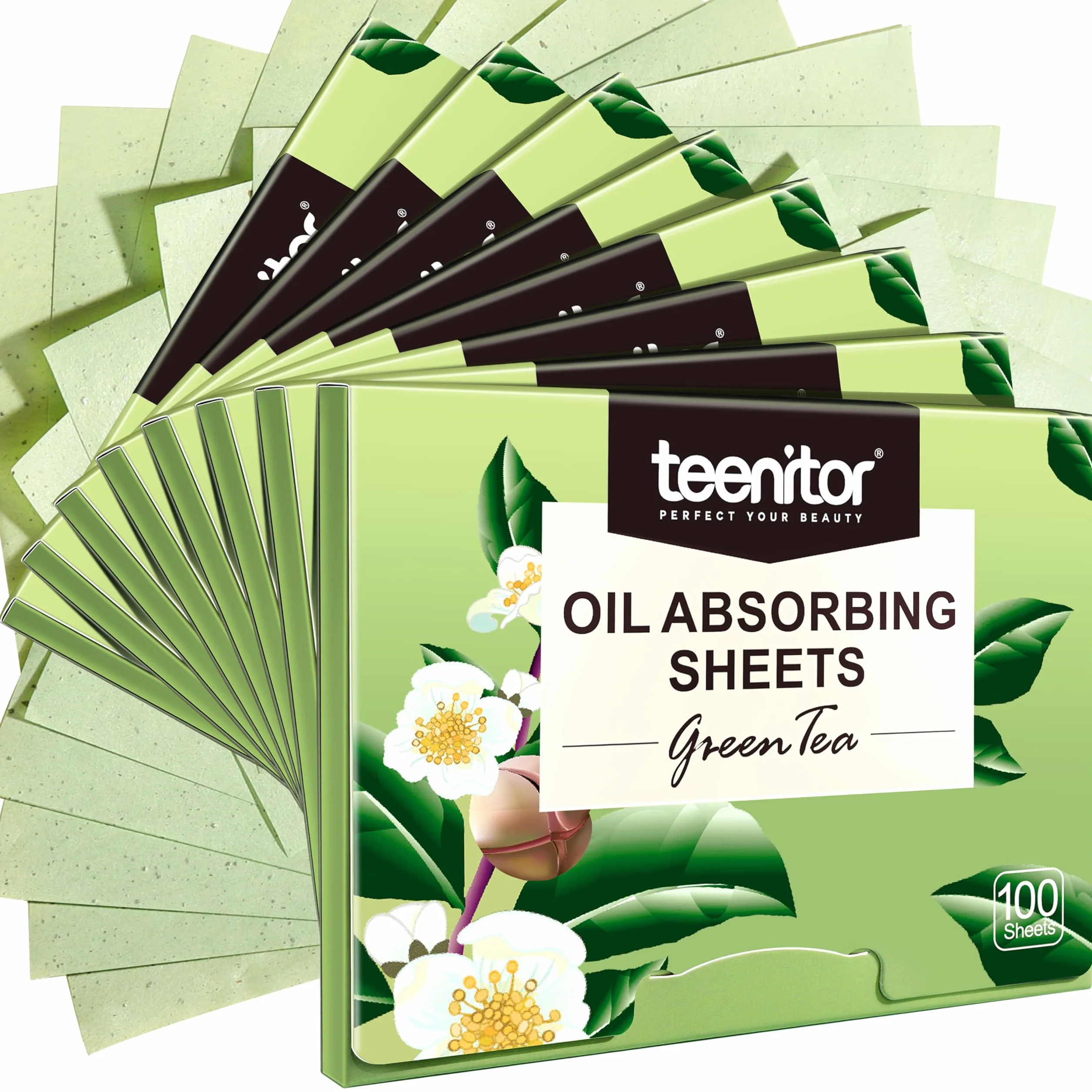 Teenitor Papier buvard au thé vert – 800 feuilles absorbantes d'huile pour peaux grasses, film de contrôle de l'huile pour le visage