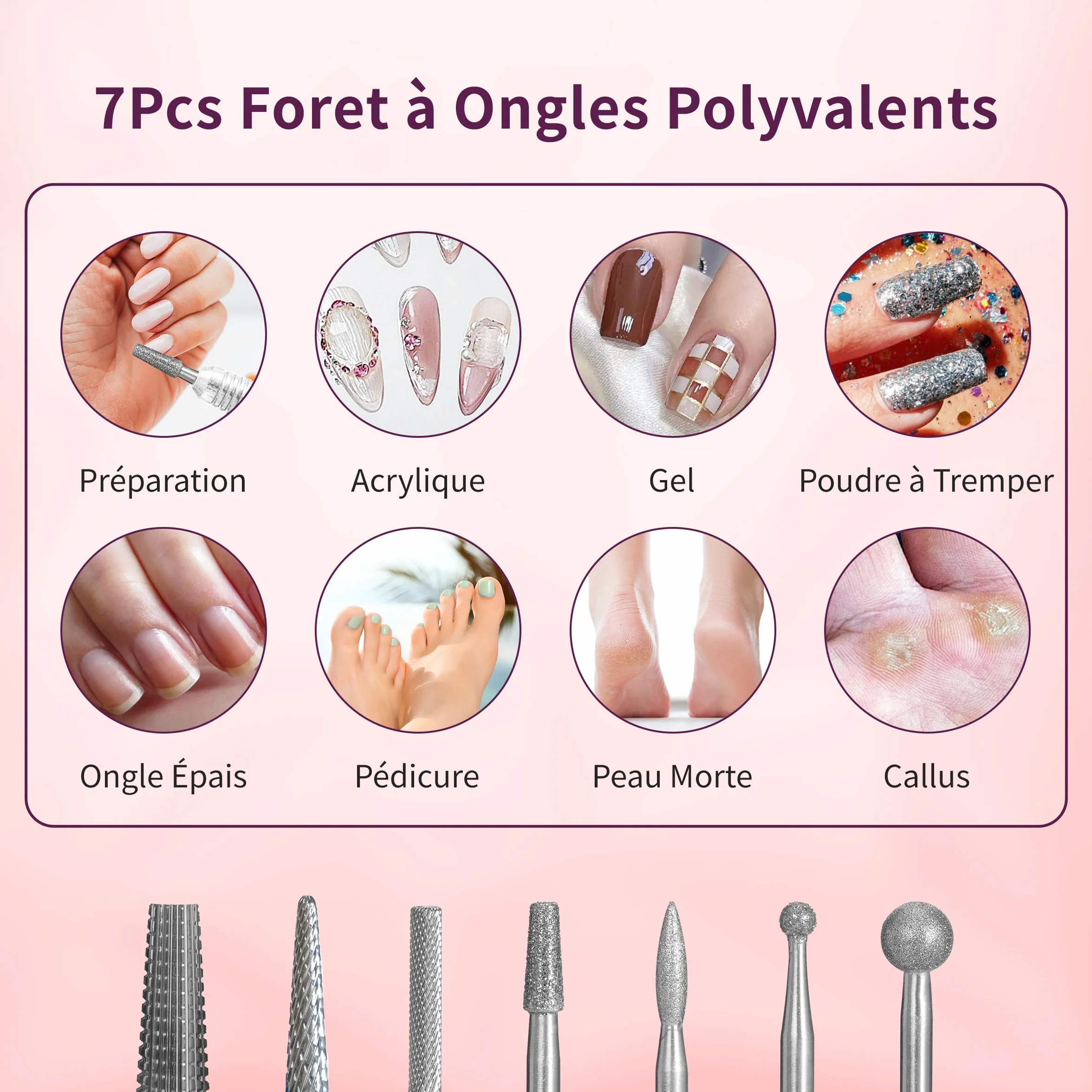 Delanie 7Pcs Embout Ponceuse Ongles 3/32 en Carbure de Tungstène & Diamant, Foret a Ongles Outils Professionnel pour Éliminer Gel Acrylique Cuticule