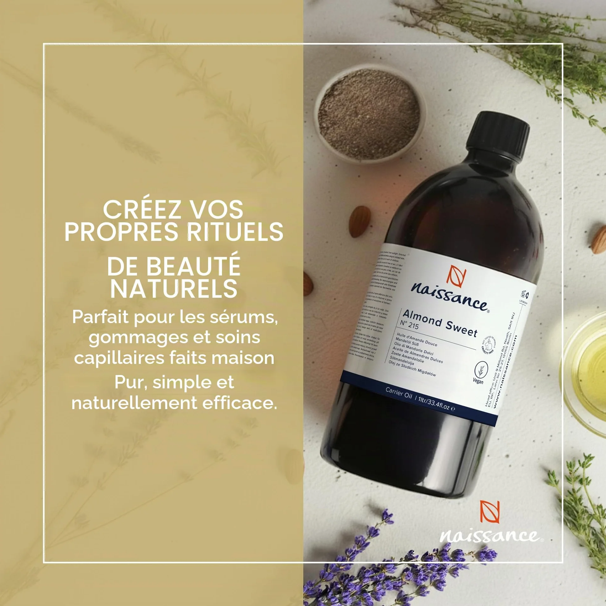 Naissance Huile D'Amande Douce 1L Hydratant Naturelle Végan Sans OGM Lubrifiant Massage Corps Visage Cheveux