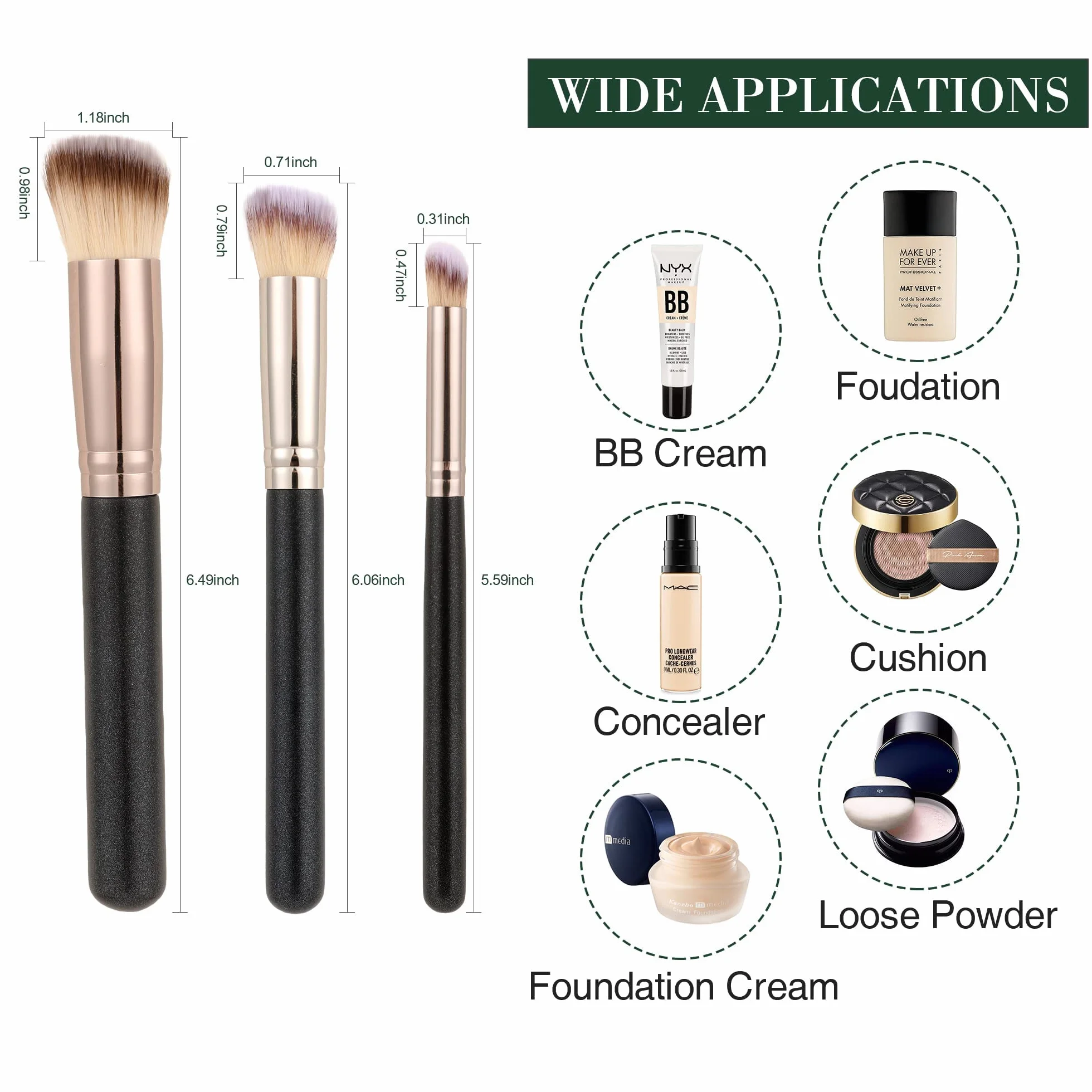 Pinceau Fond De Teint Fluide 3 Pièces, Pinceau Anti Cerne, Pinceaux Maquillages Pour Le Teint