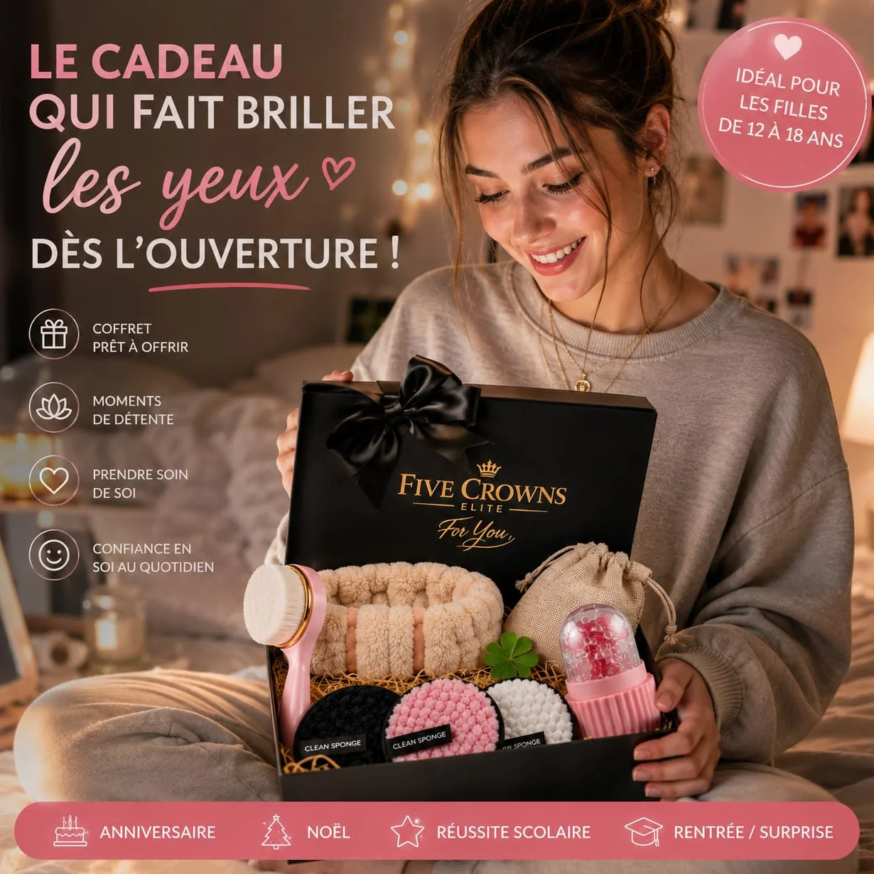 Coffret Beauté et Bien-Être Ado Fille 12-18 Ans, Kit Skincare avec Ice Roller, Brosse Visage, Disques Démaquillants Réutilisables