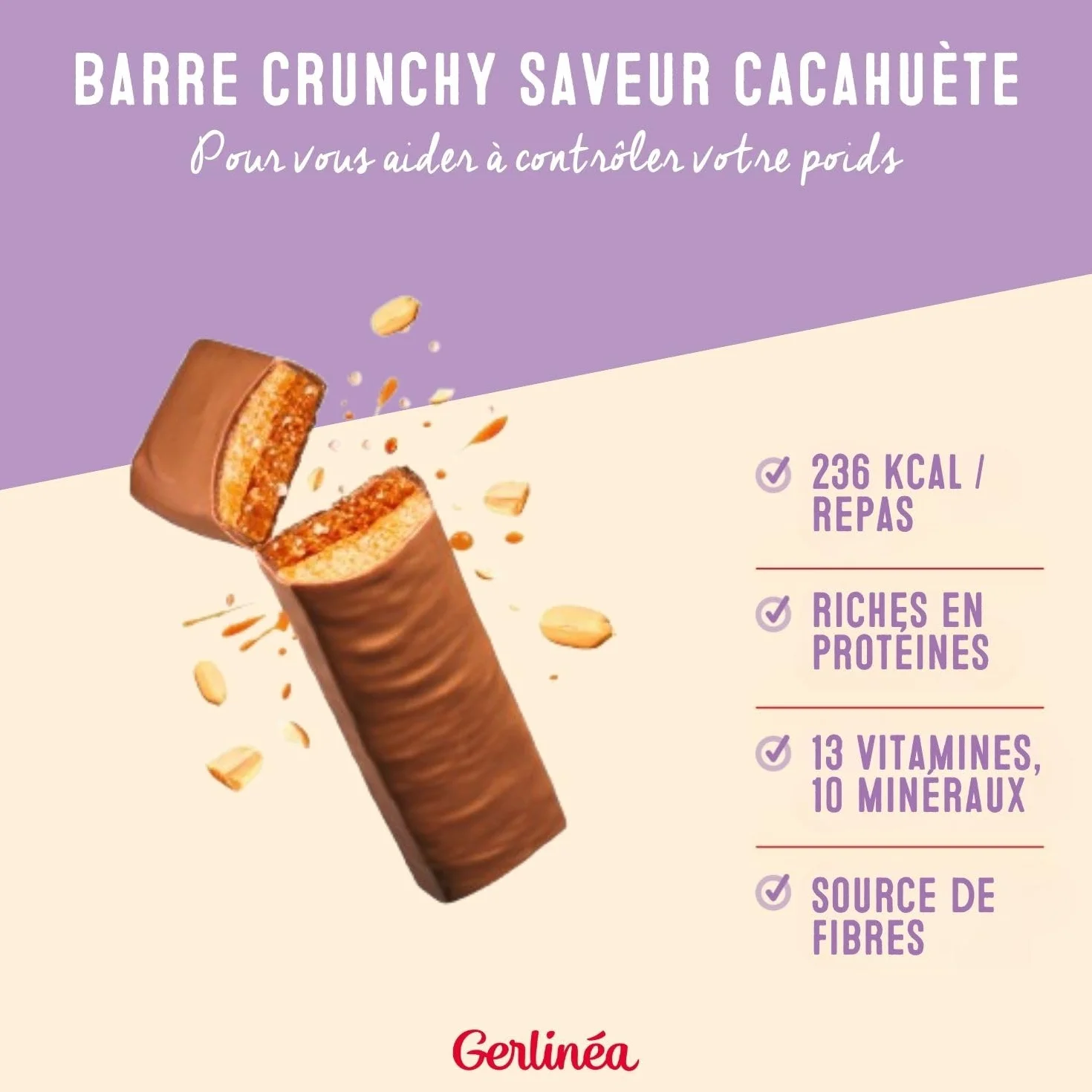 GERLINÉA Barre Repas Crunchy Chocolat au Lait Cacahuète Substitut de Repas Minceur Protéiné 240 Kcal 12 Barres 372 g