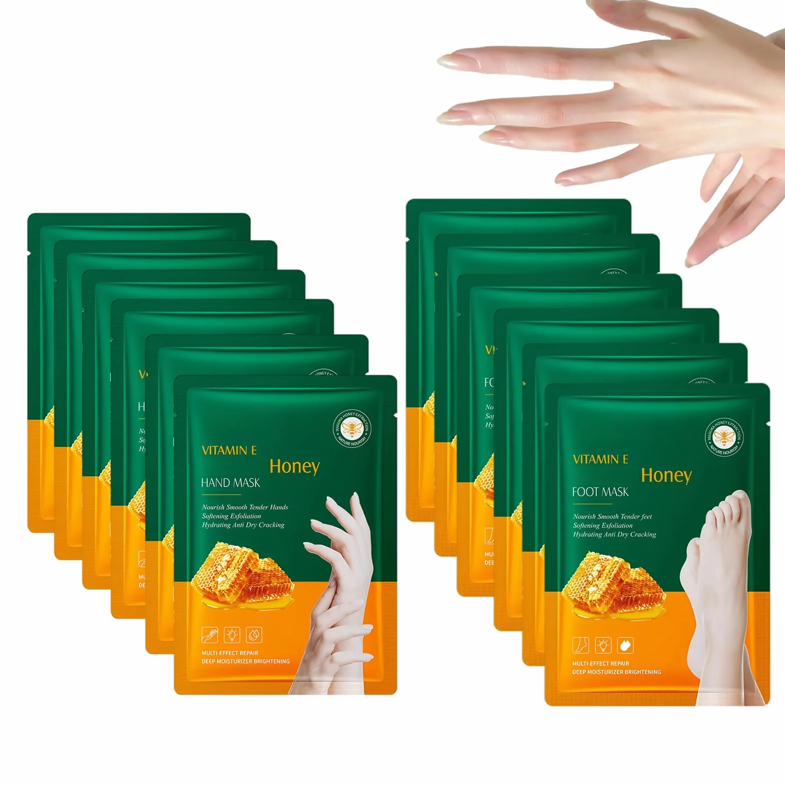 Masques pour les mains et les pieds au miel, soin intensif peau sèche, 6 paires
