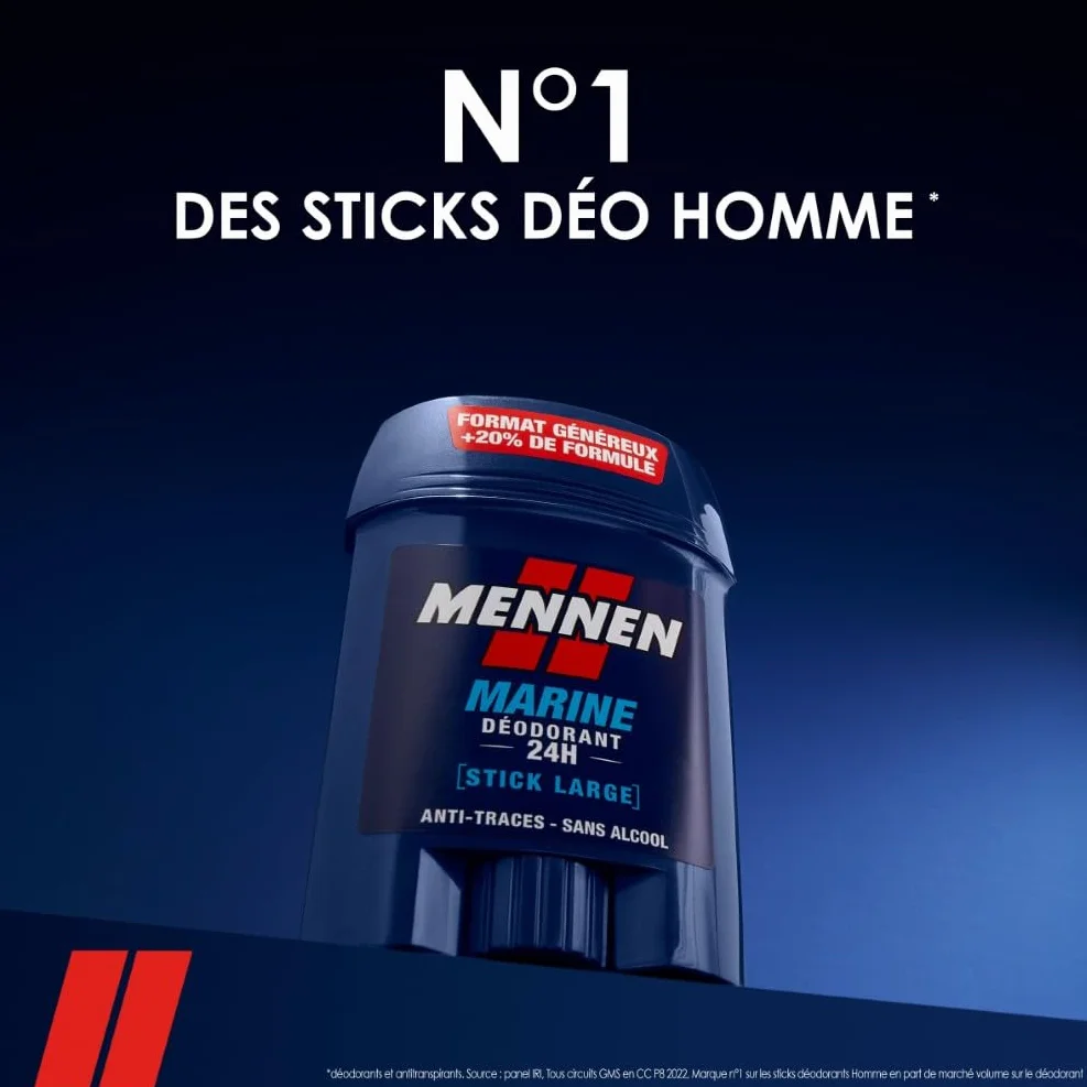 MENNEN - MARINE Deodorant Homme 24H - Stick Large - Sans Alcool - Anti-Traces - 60 ml - Lot de 6