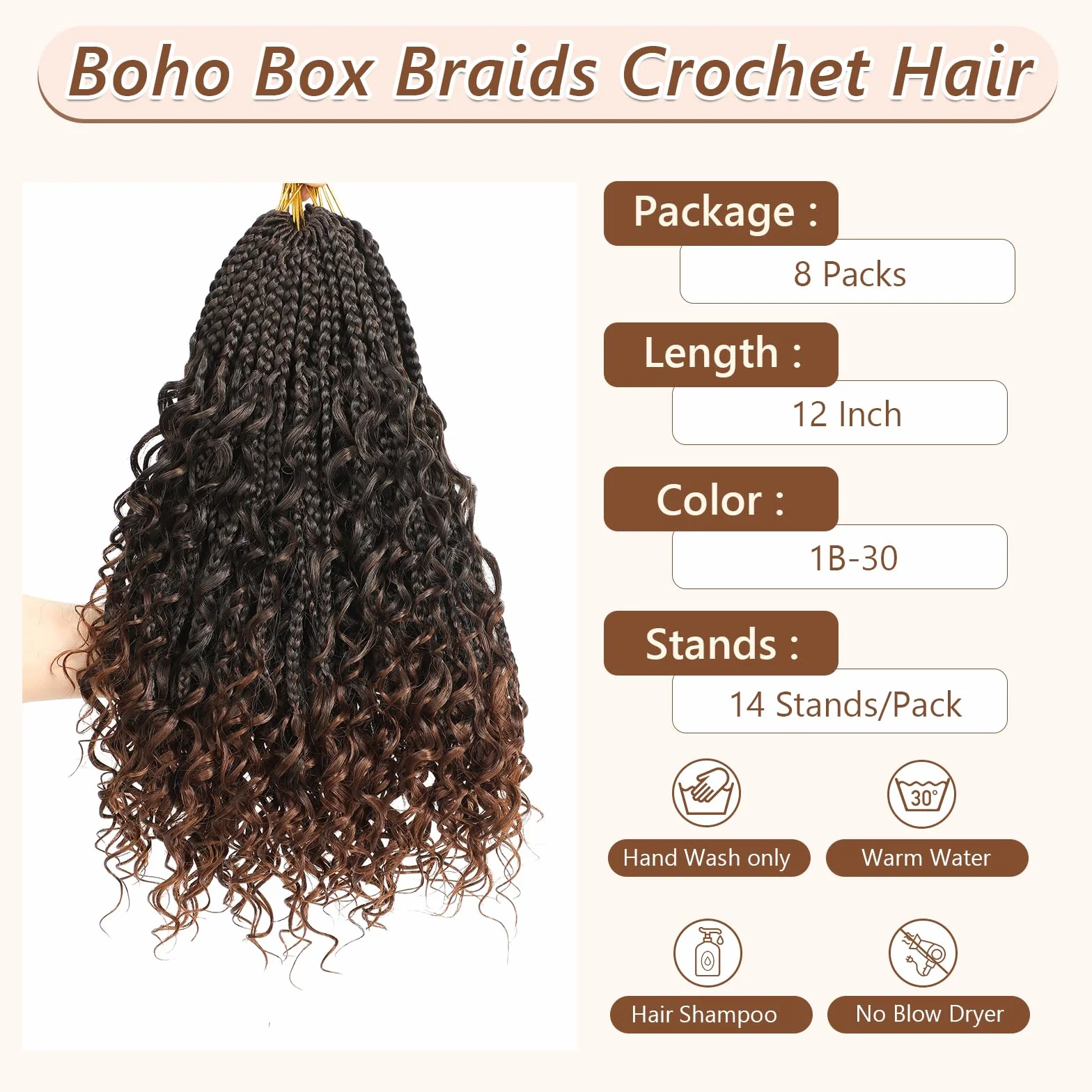 Boho Box Braids Crochet Hair with Curly Hair Pre Loop Long Black Messy Goddess Box Braids Extensions de cheveux pour femmes noires (30.6 cm (Lot de 8), 1B/30#)