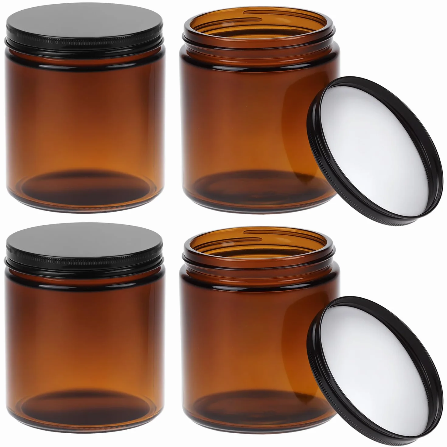 QWORK® Lot de 4 pots en verre ambré de 500 ml avec couvercles noirs, récipients polyvalents de protection UV, pour huiles essentielles et lotions