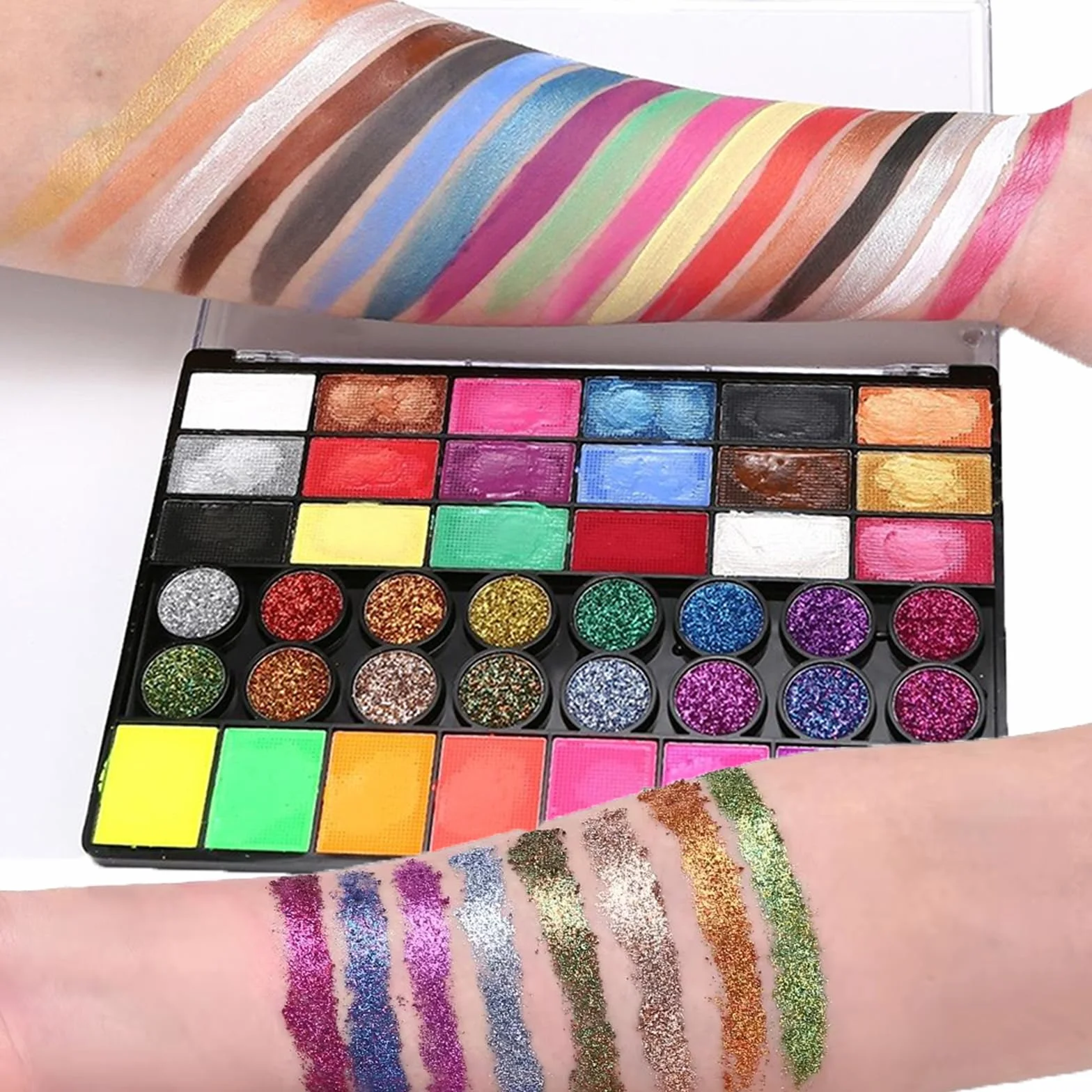 Palette Maquillage Enfant 42 Couleurs, Peinture Corporelle Visage avec 10 Pinceaux, 8 Pochoirs, 4 Éponges, Autocollants & Strass, Idéal Carnaval, Anniversaire, Halloween