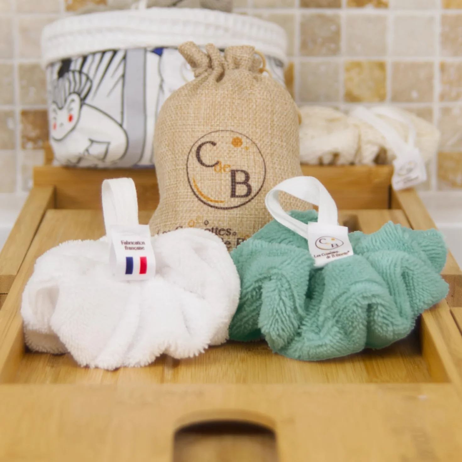 Lot de 2 fleurs de douche éponge de bain bambou extra douce (Blanc Vert Menthe)