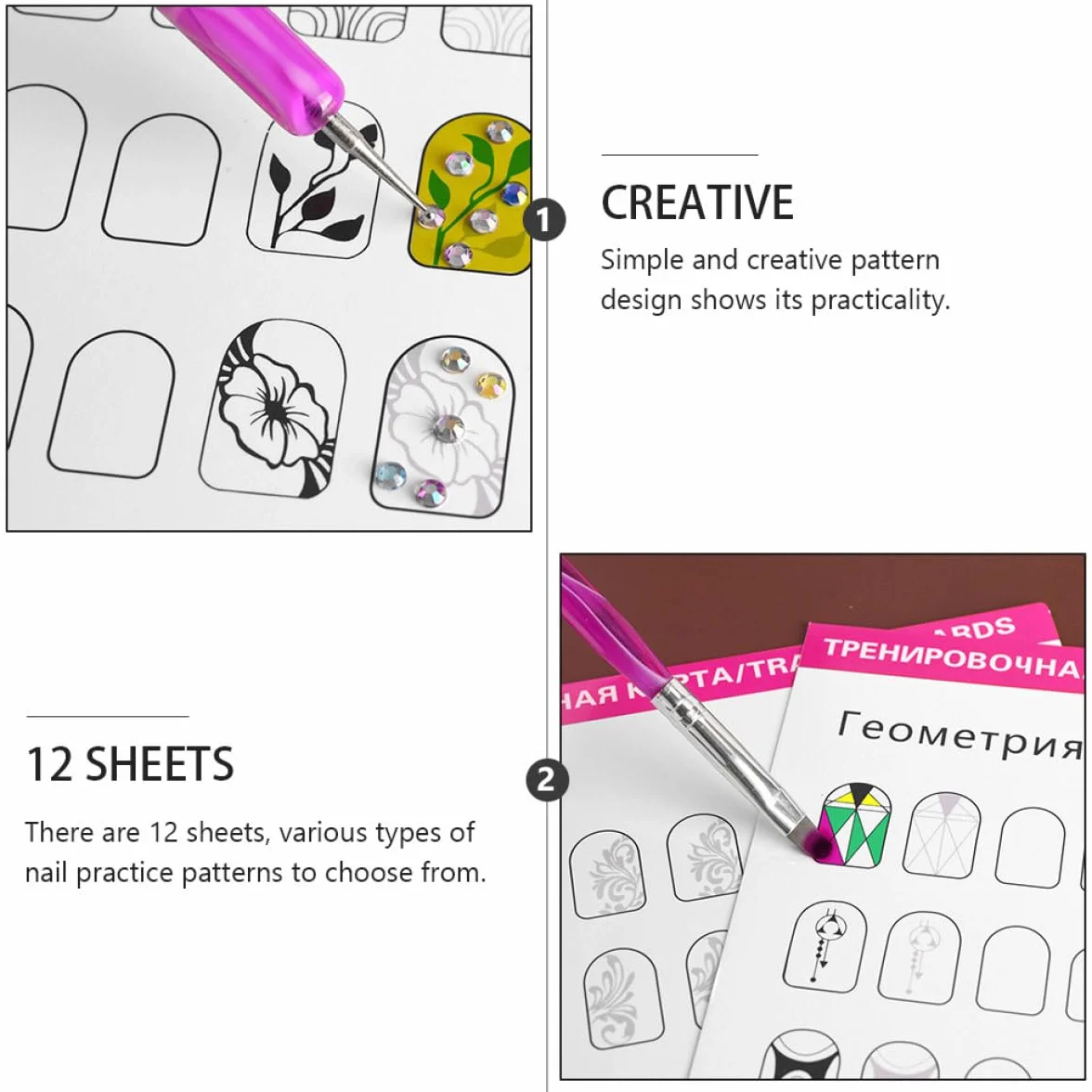 STOBAZA Cartes d'Entraînement Nail Art 24 Feuilles pour Manucure Professionnelle, Support d'Exercices pour Création et Formation, Adapté la Pratique en Salon