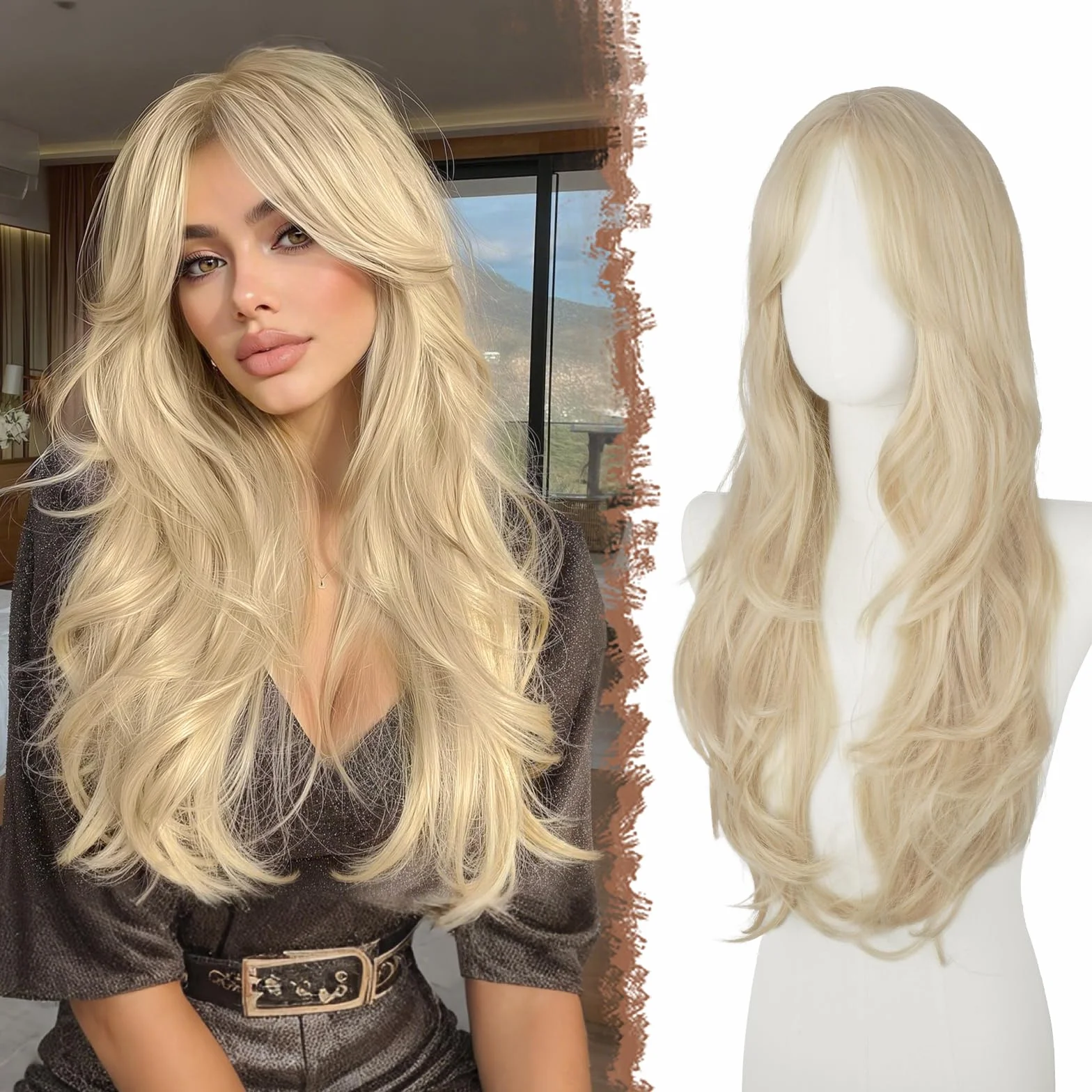 FESHFEN Perruque Longue pour Femmes Blond Platine Perruque avec Frange Dégradé Cheveux Naturelle Synthétique Résistante à la Chaleur Perruques Ondulé Utilisation Quotidienne Fêtes, 65 cm