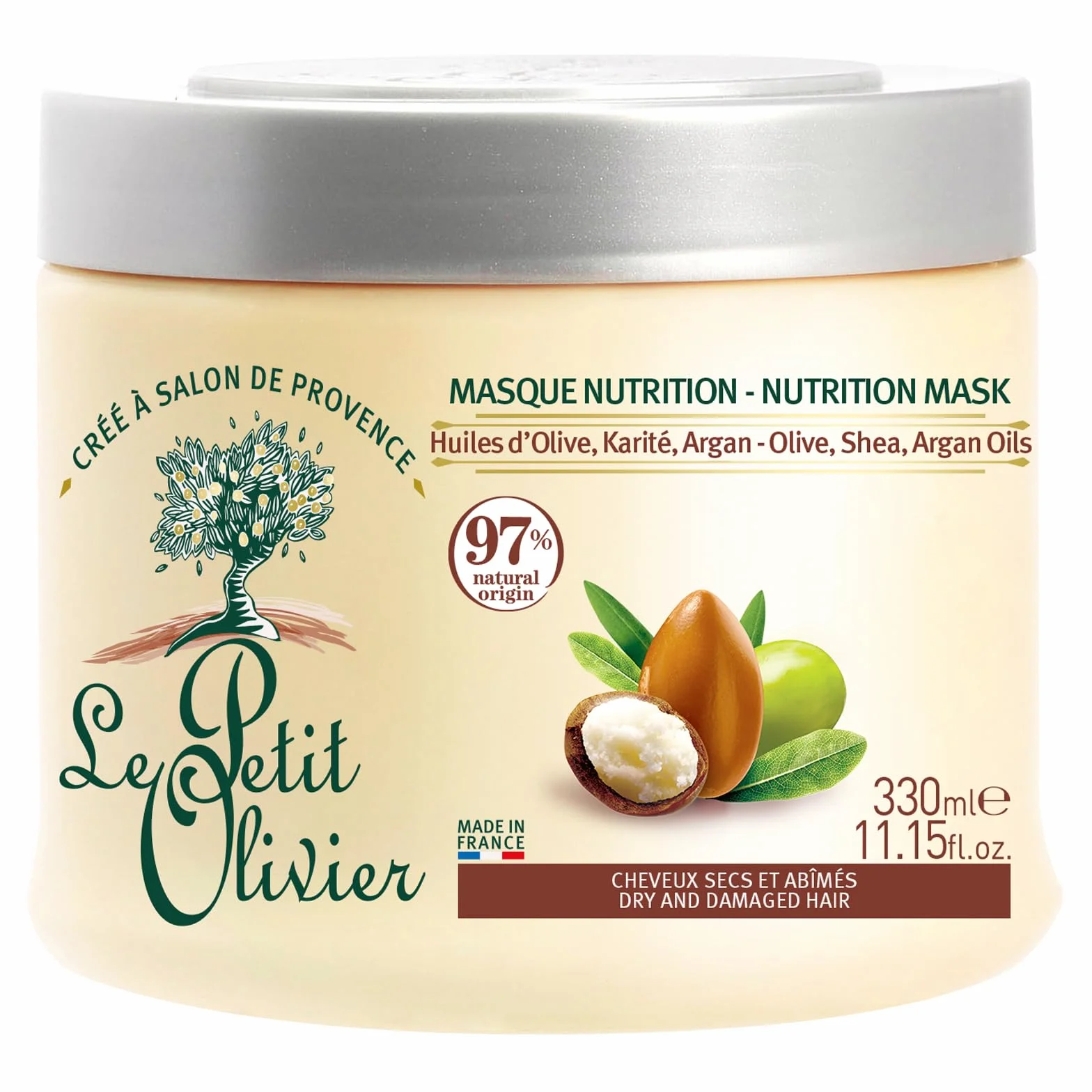 LE PETIT OLIVIER Masque Soin Nutrition Huiles d'Olive Karité Argan Démêle Nourrit Répare Cheveux Secs Abîmés Sans Silicone 330 ml