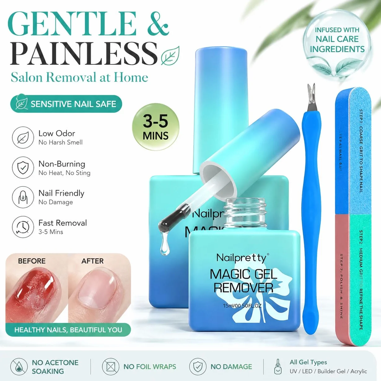Kit Dissolvant Vernis Semi Permanent Professionnel Gel Nail Polish Remover avec Limes à Ongles