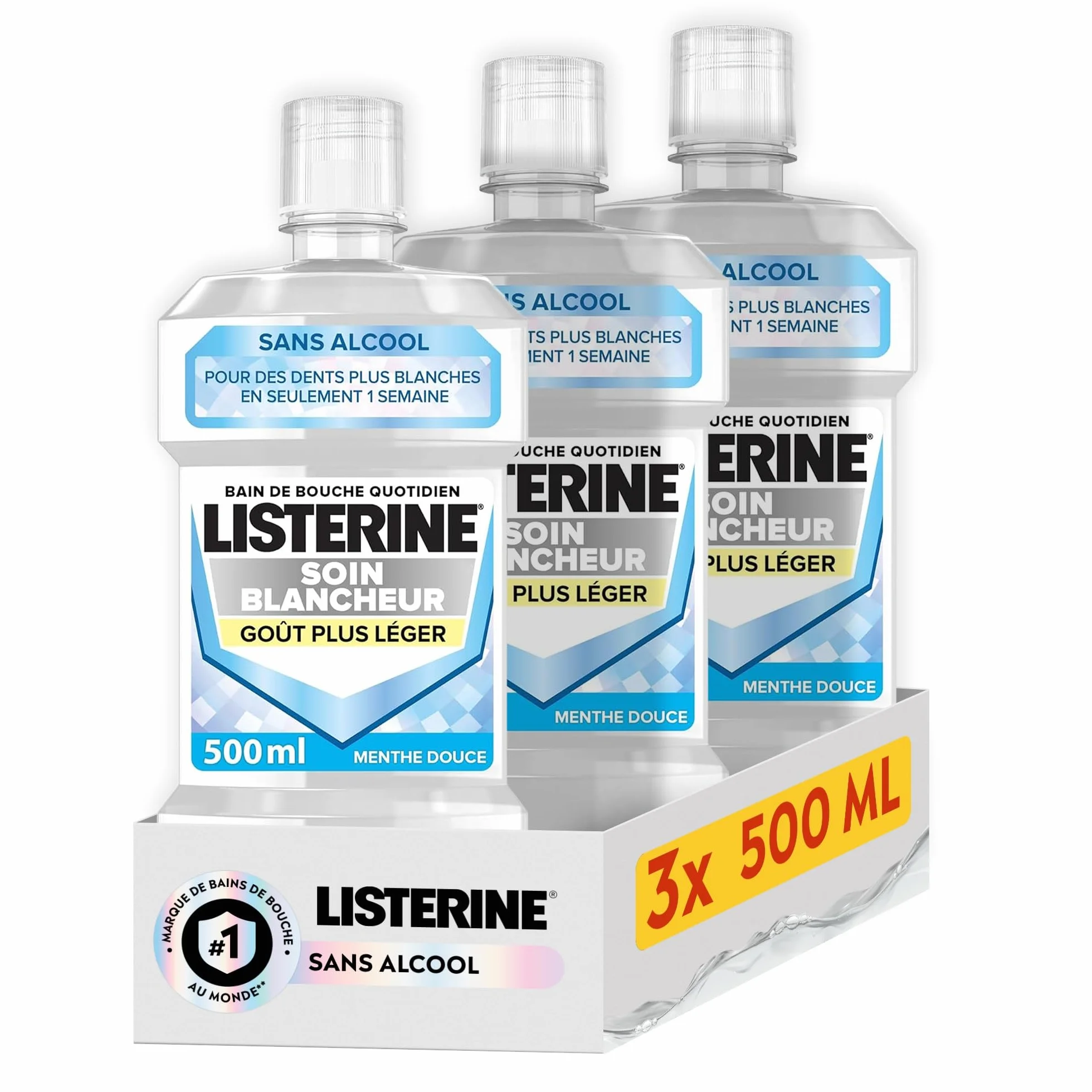 Listerine Bain de Bouche Soin Blancheur Goût Plus Léger 0% alcool Lot de 3 x 500 ml Menthe Douce Sans Alcool
