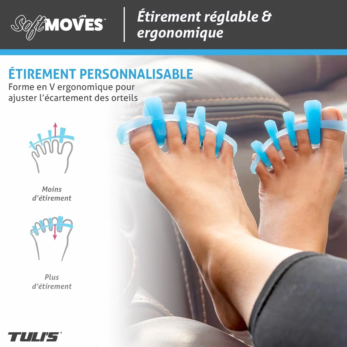 Tuli's Soft Moves – Séparateurs d'Orteils Réglables en Silicone Souple – Alignement, Oignons, Orteils en Marteau, Fasciite Plantaire et Névrome de Morton – Taille Unique, Bleu