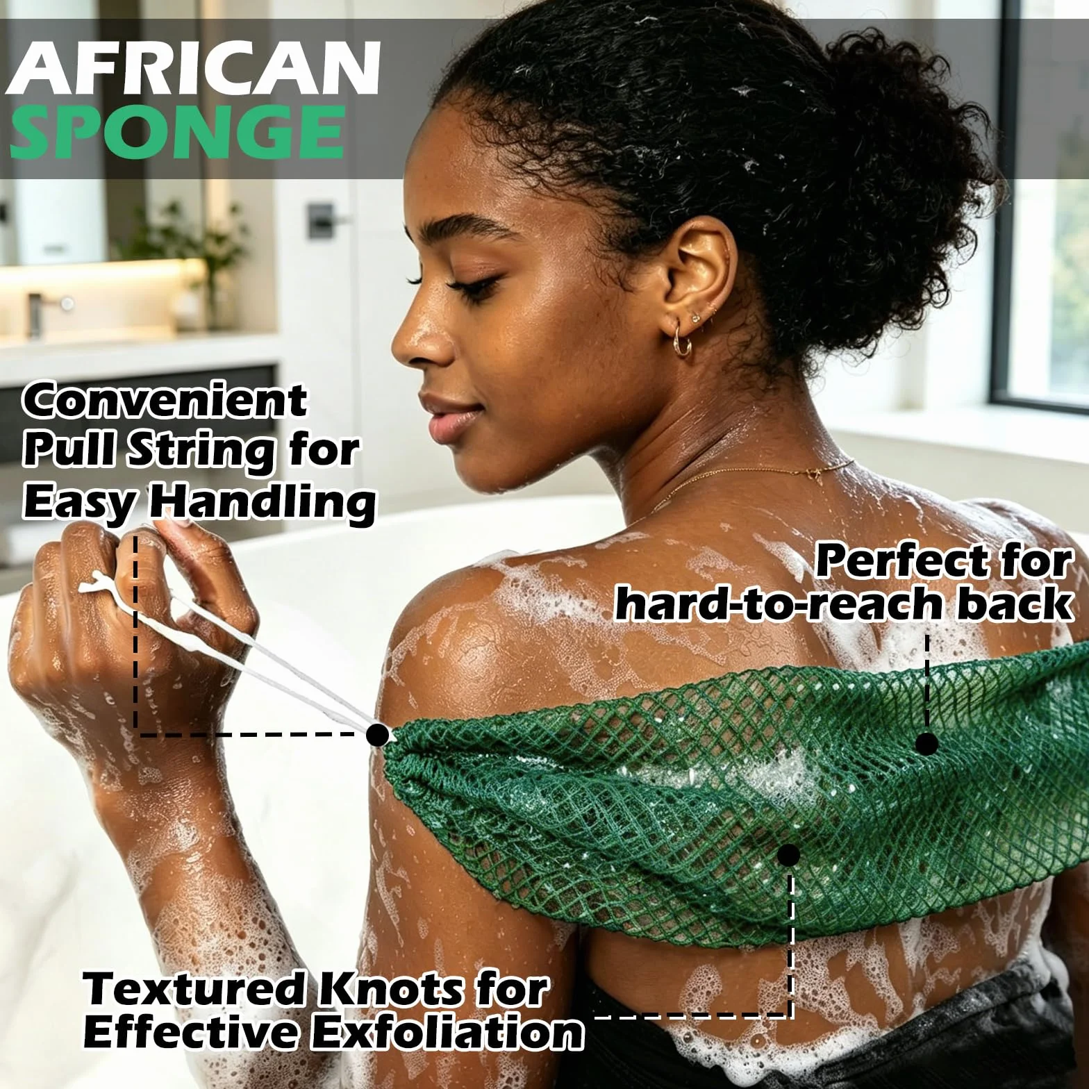 Filet de Douche Africain Éponge à Séchage Rapide Net Sponge avec Cordes pour Gommage Corps Doux Vert foncé
