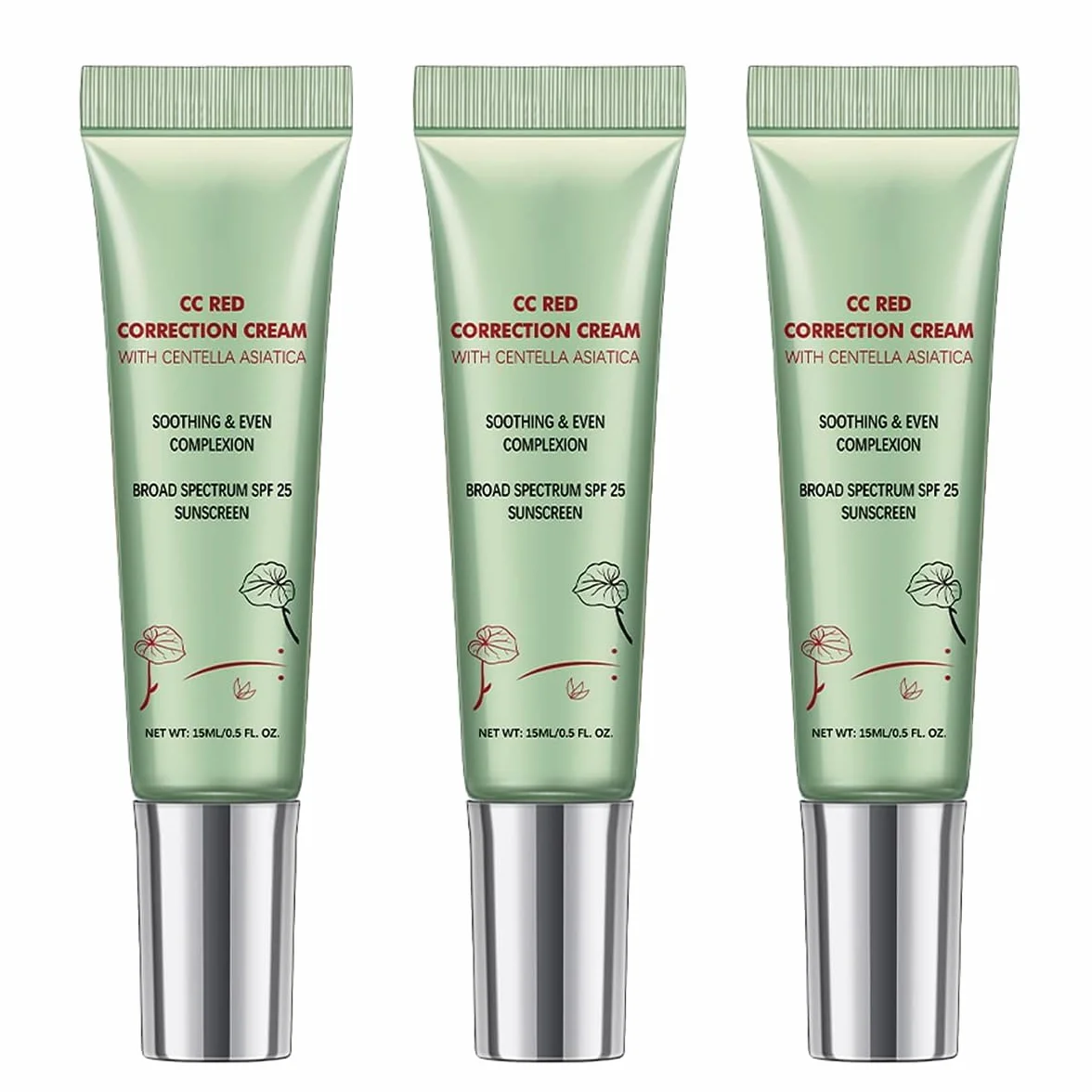 CC Correcteur Rouge à la Centella Asiatica, Anti-cernes Pores Invisibles, Crème CC Légère avec SPF 25, Anti-imperfections, Rougeurs et Marques d'Acné