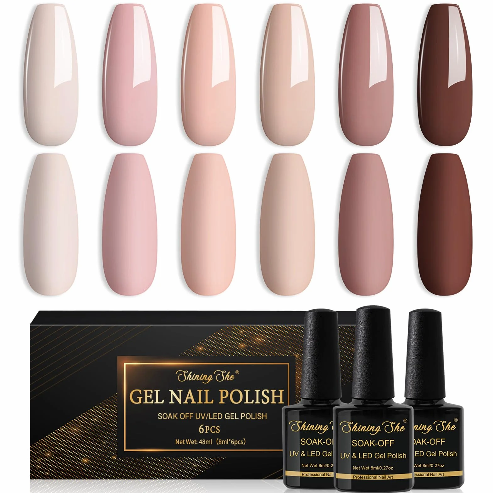 Shining She Vernis Semi Permanent Rose 6 Couleurs Beige Rose Nude Marron Gel UV Soak Off 8ml