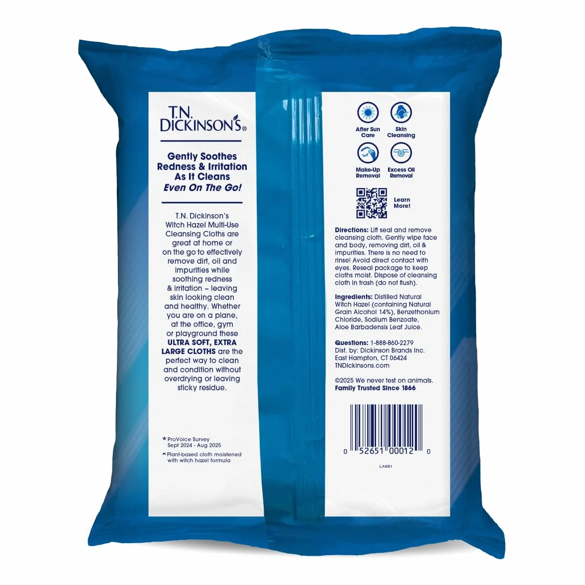 T.N. Dickinson's Witch Hazel Cleansing Cloths with Aloe, 25 Cloths
