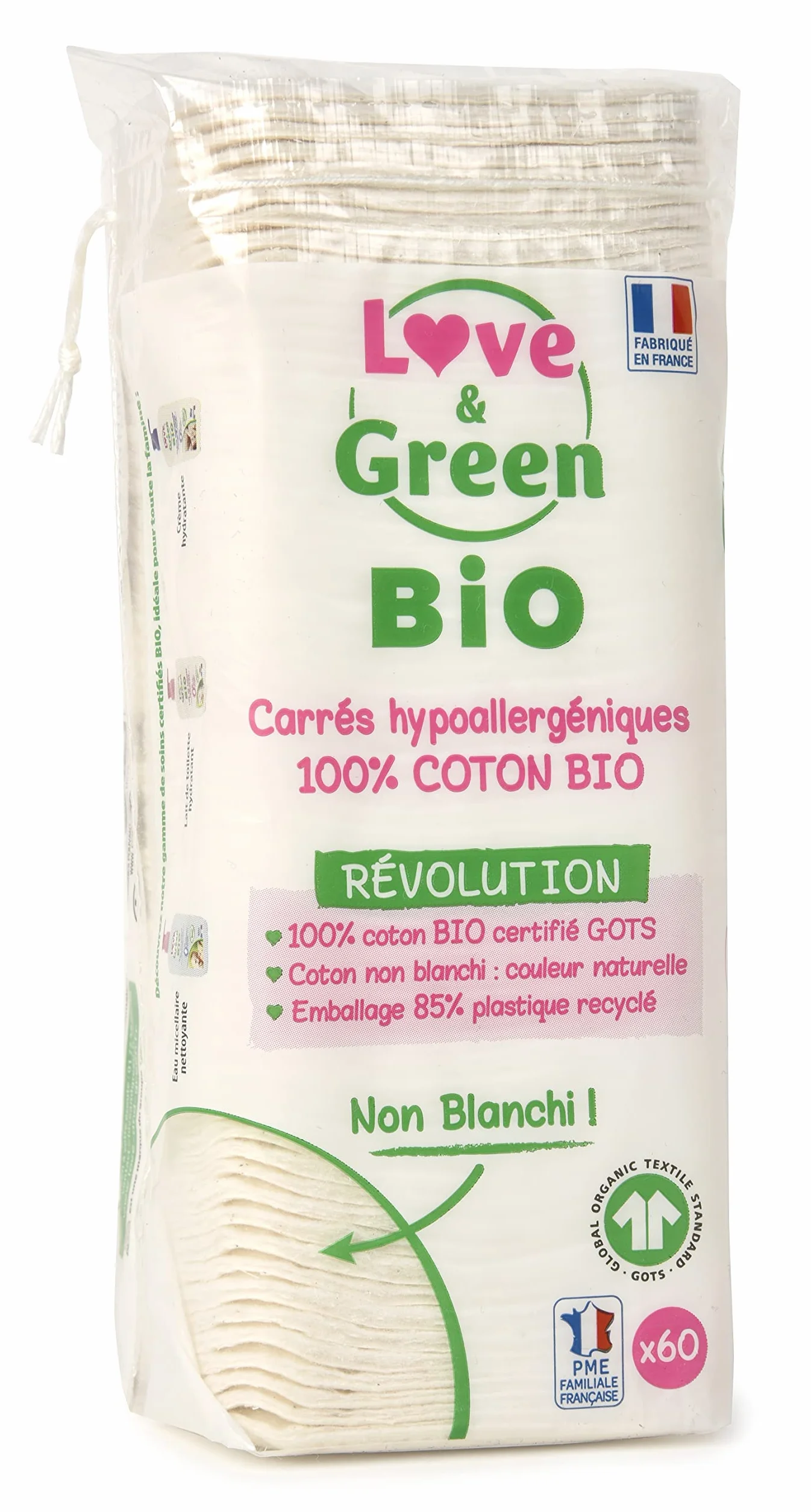 Love & Green Cotons Carrés x60 Démaquillage Doux Biface Fabriqués en France