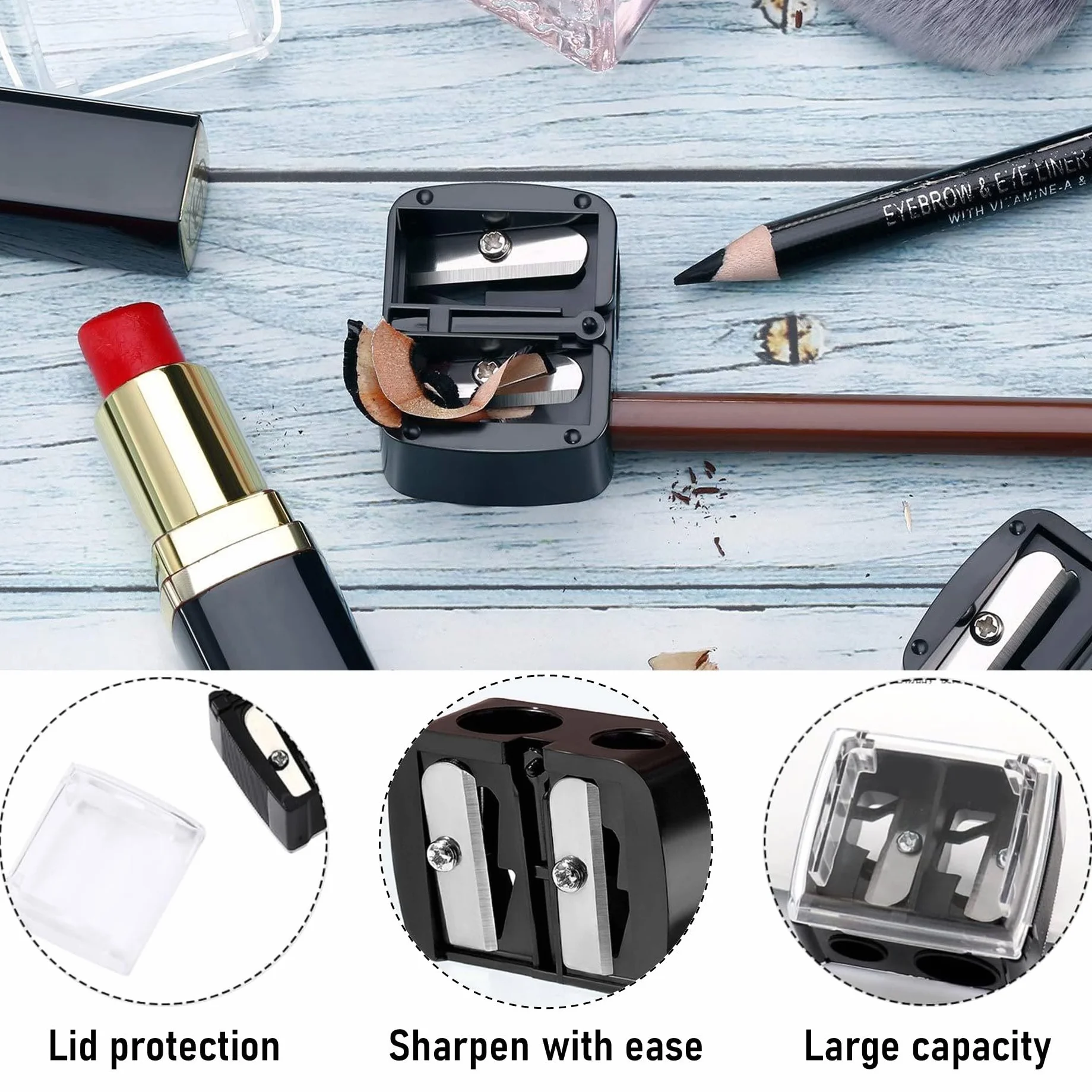 Taille Crayon Maquillage Double Trou avec Reservoir pour Crayons Sourcils Rouges à Lèvres Eye-Liners