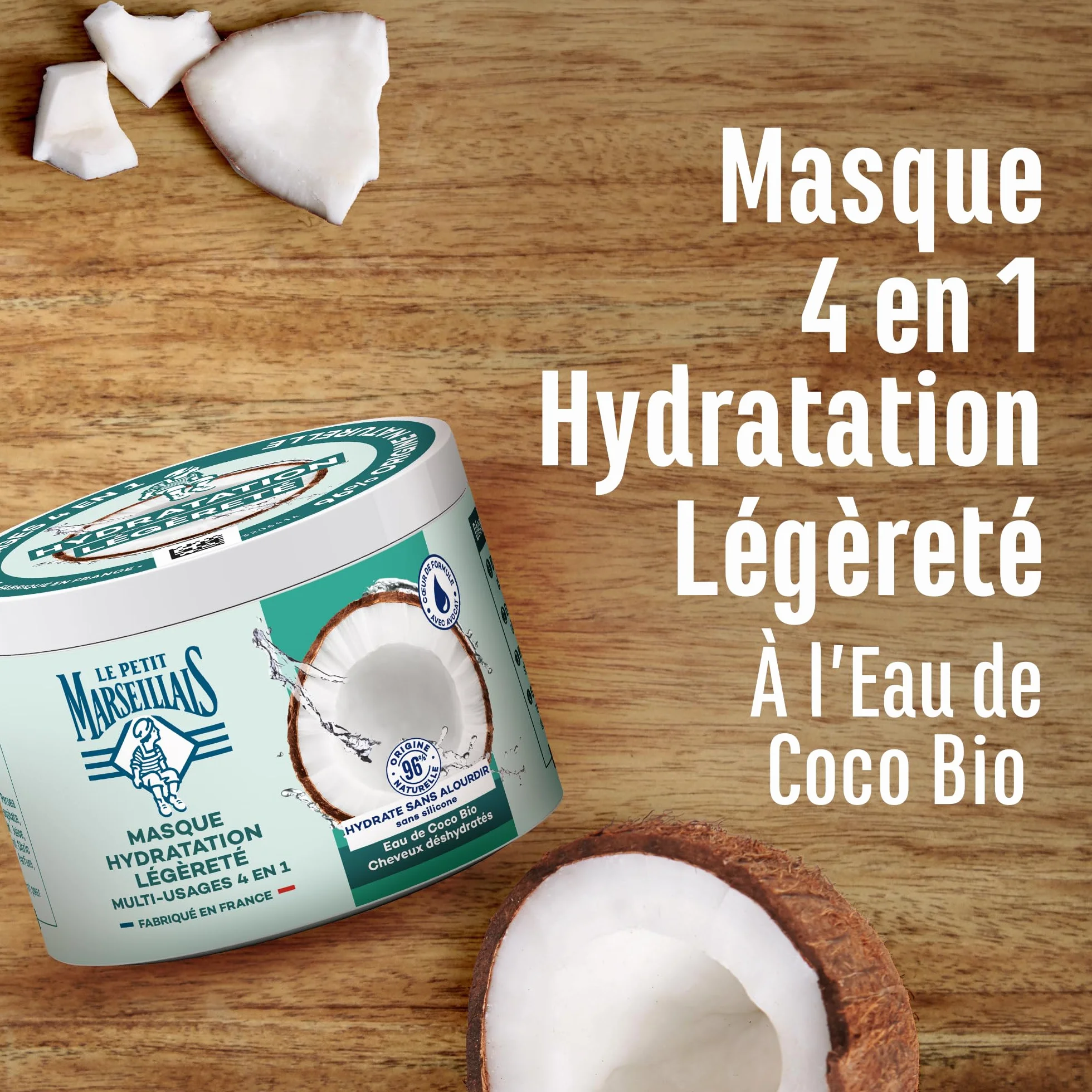 Le Petit Marseillais Masque 4 en 1 Hydratation Eau de Coco Bio 370 ml Masque Capillaire Cheveux Déshydratés