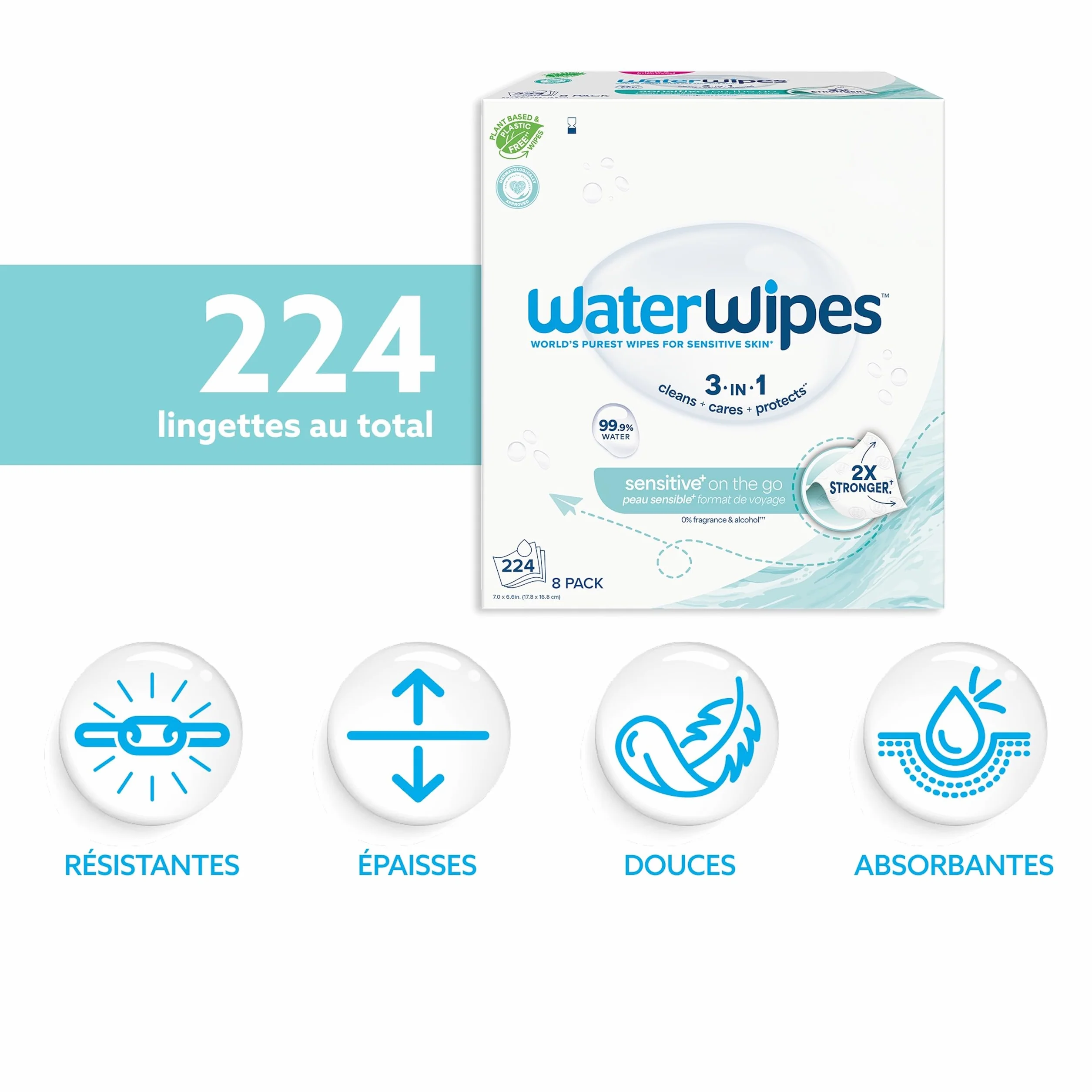 WaterWipes Sensitive+ Lingettes On The Go 224 unités 8 paquets 3-en-1 nettoie soigne protège 99,9% d'eau non parfumées