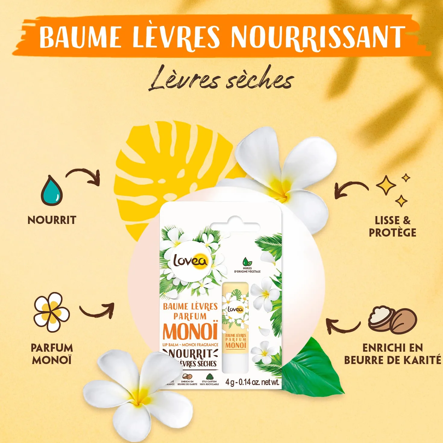 Baume à Lèvres LOVEA Monoï Beurre de Karité 4 g