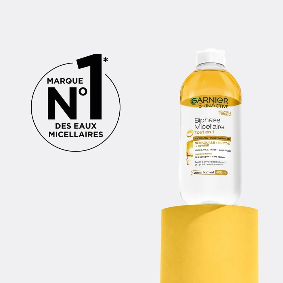 GARNIER Skin Active Biphase Micellaire 400 ml Nettoyant Démaquillant Visage Yeux Lèvres