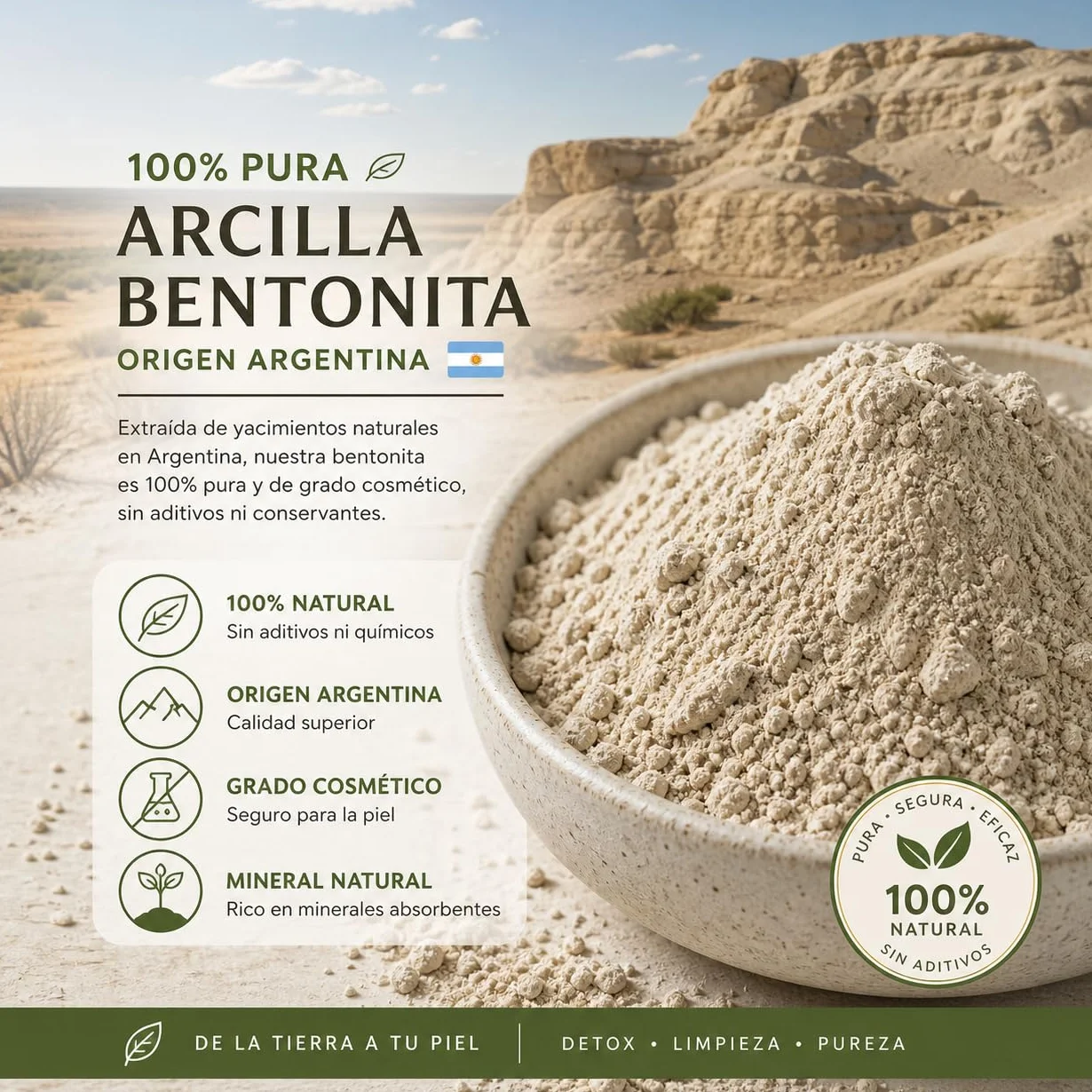 Poudre d'argile Bentonite 100 % Naturelle Argentine (100 g) pour masques faciaux et soins de la peau