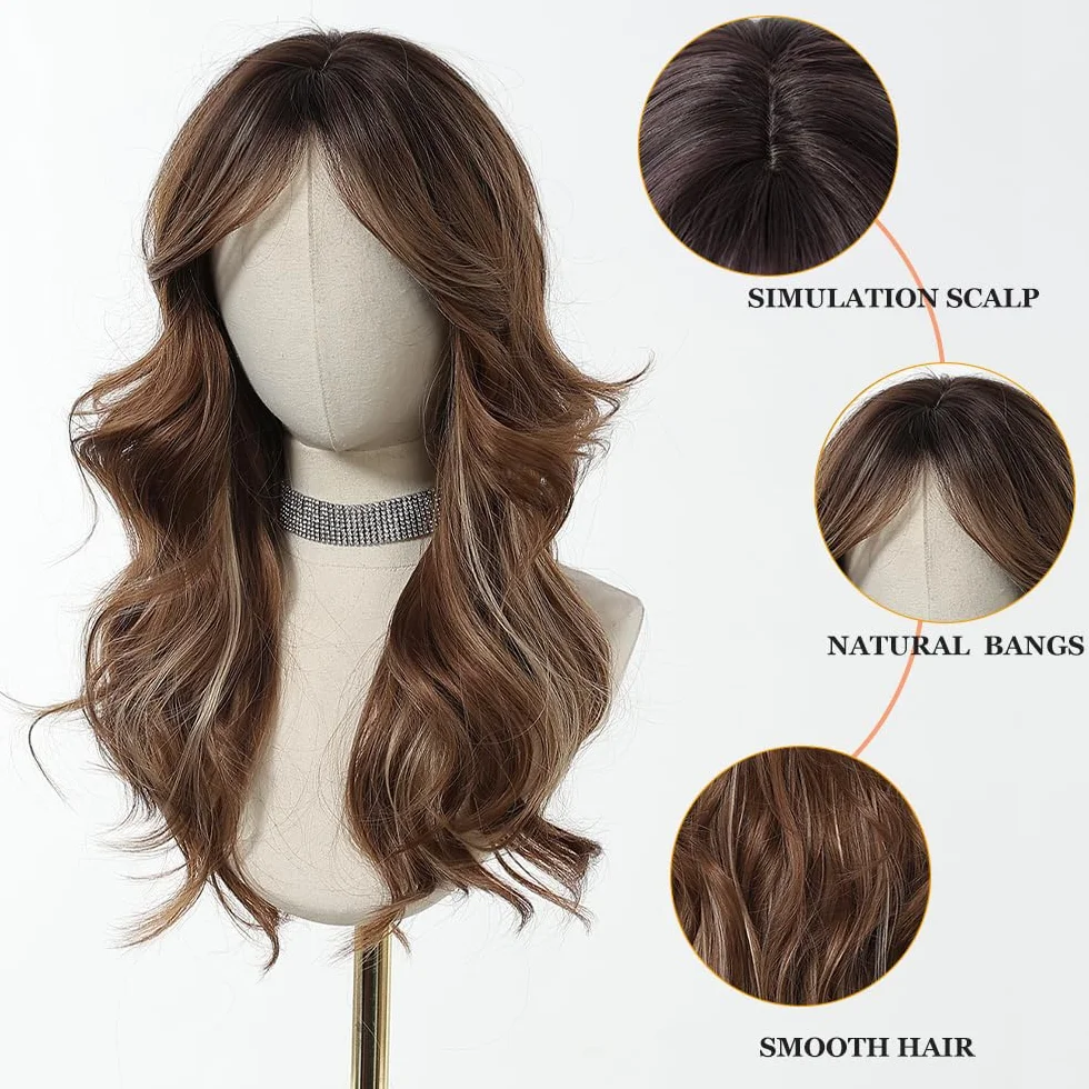 Esmee Perruque Marron Longue et Droite pour Femmes Perruque à Frange en Cheveux Synthétiques Layered pour Soirée Cosplay Quotidienne