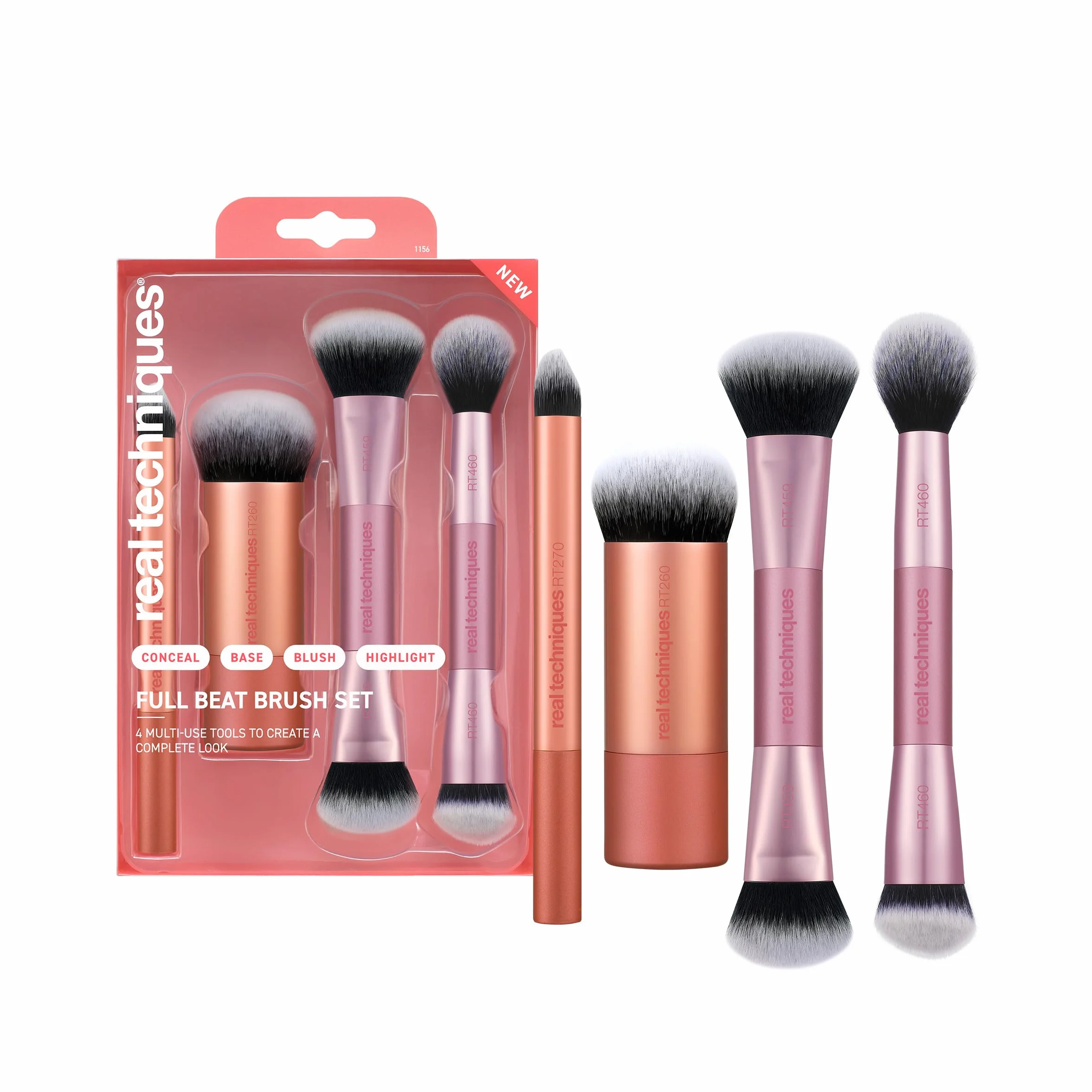 Real Techniques Full Beat Set Maquillage, Kit 4 Pinceaux pour Fond de Teint, Anti-Cernes, Blush, Contour, Illuminateur & Poudre, Format Voyage, Fibres UltraPlush Douces, Cruelty-Free