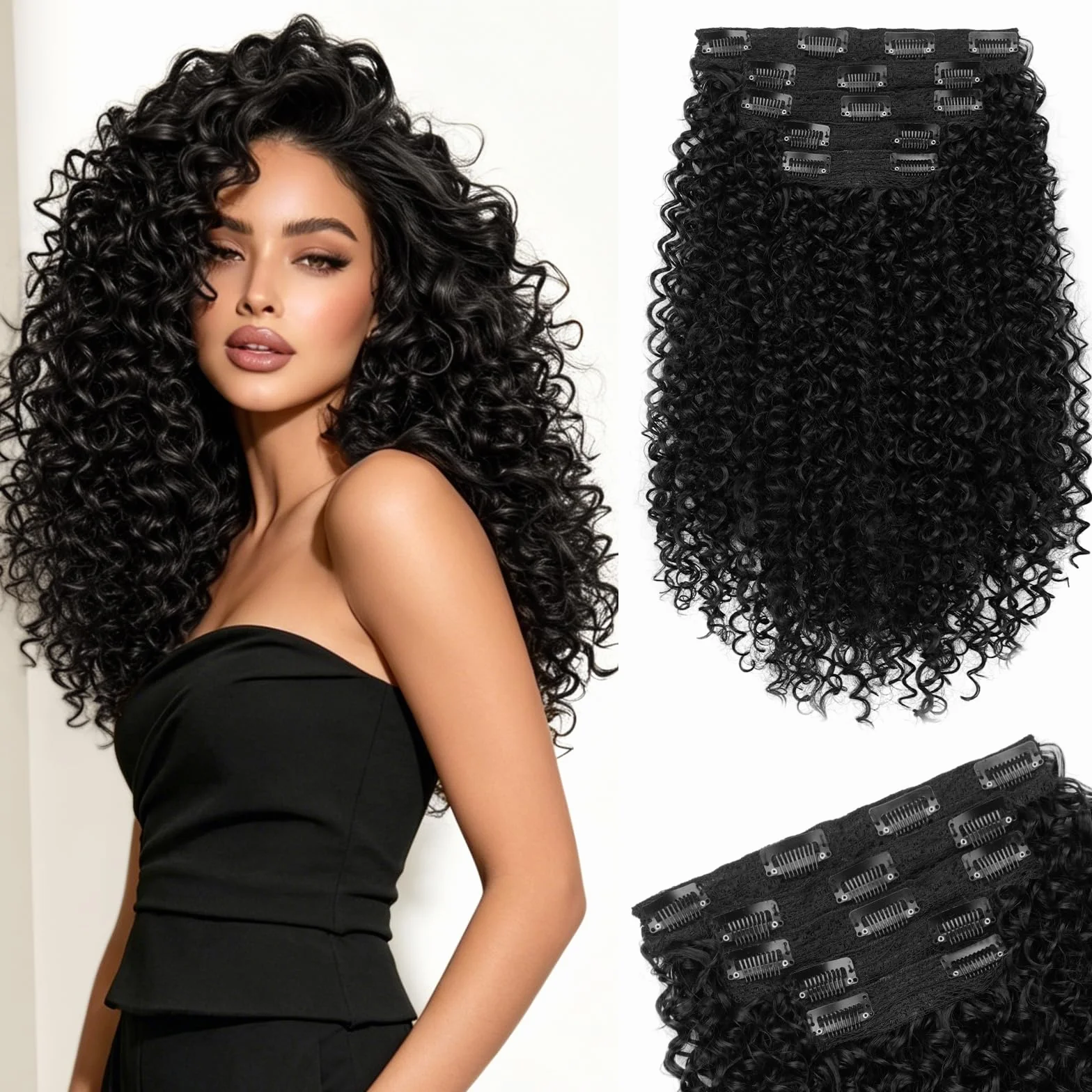 Sofeiyan 5 Pièces Afro Bouclé Extensions de Cheveux à Clips,40 cm Curly Bouclées Naturel Extensions de Cheveux Pour Femmes,Postiches Capillaires 100% Soie Protéinique Pure,Noir Naturel