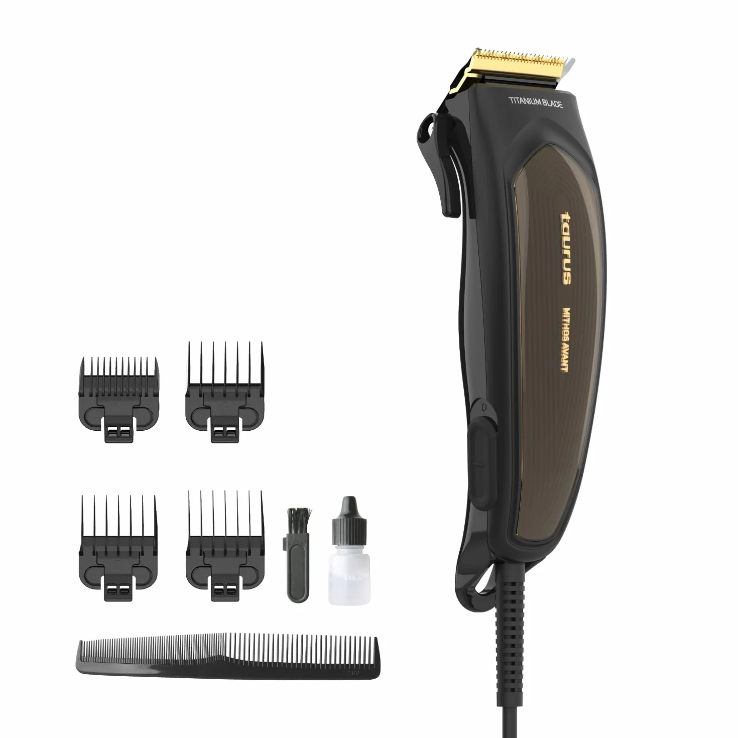Taurus - Tondeuse à cheveux professionnelle Mithos Avant 6W | 4 Sabots | Lames Titanium | 10 Niveaux de coupe | Moteur AC 3000 rpm | Levier réglable | Câble | Accessoires nettoyage | Gris