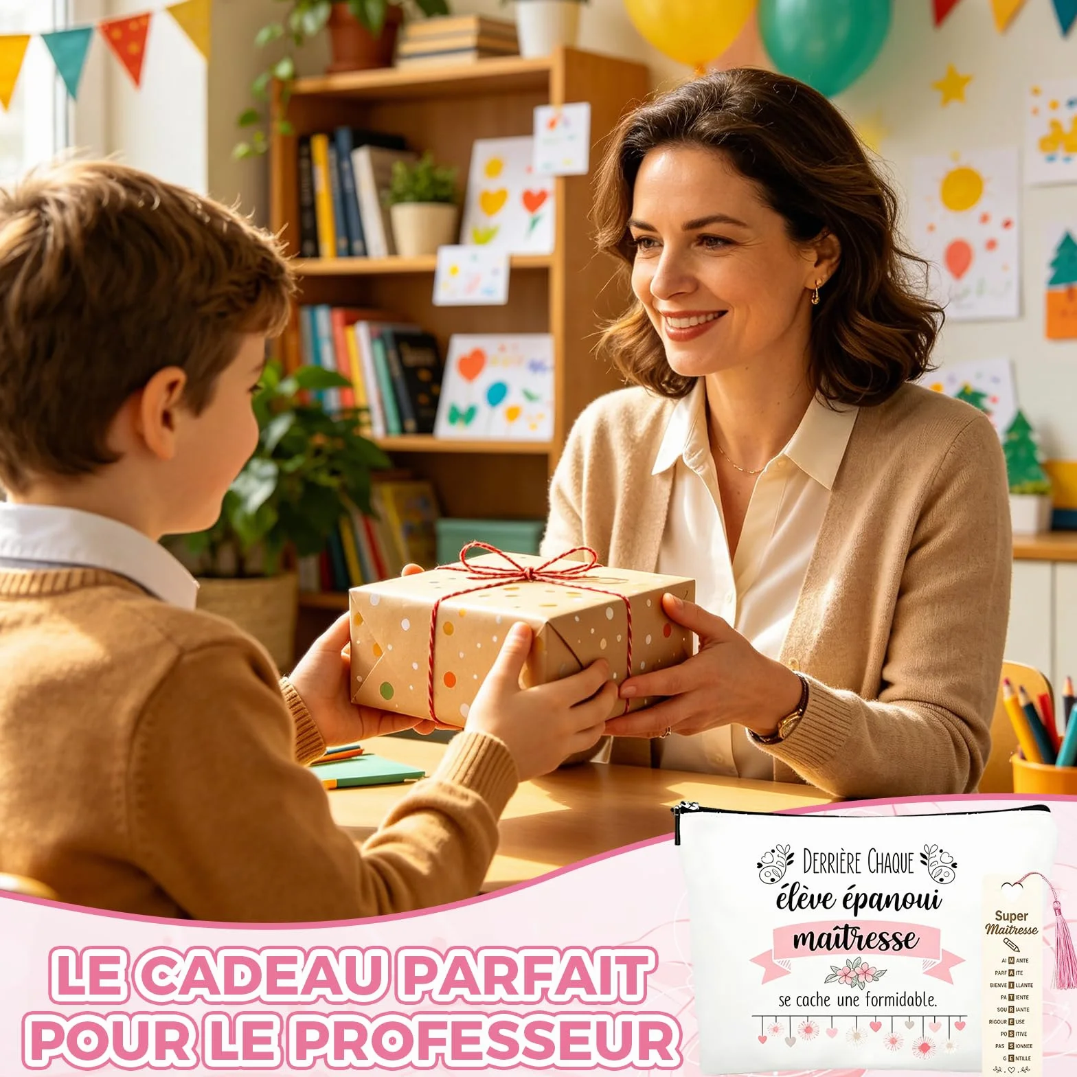 Trousse de Maquillage et Porte-Clés Mignon Cadeau Maitresse d'École Fin d'Année