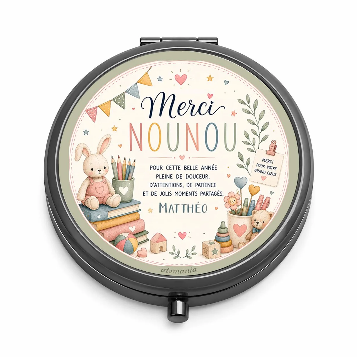 Miroir de Poche Personnalisé Cadeau Nounou Fin d'Année avec Prénom – Cadeau Assistante Maternelle Original