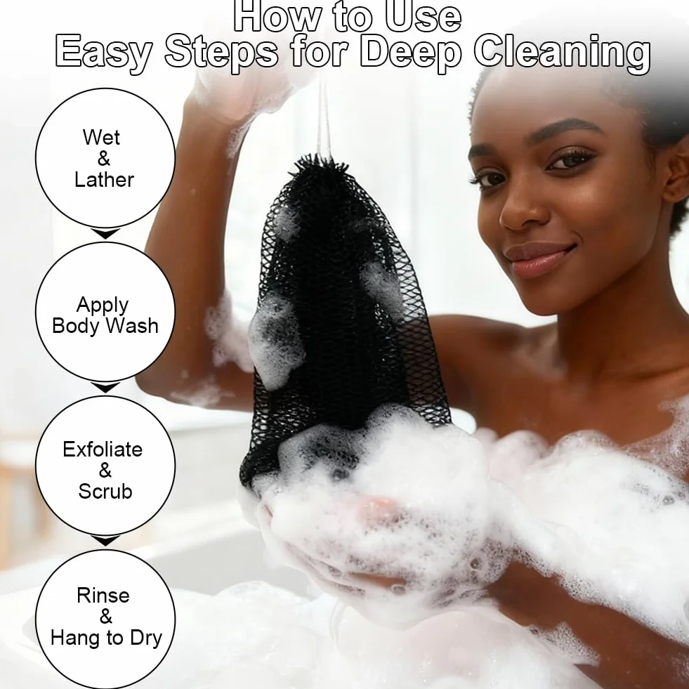 Filet de Douche Africain Éponge à Séchage Rapide Exfoliante pour Hommes Femmes Noir