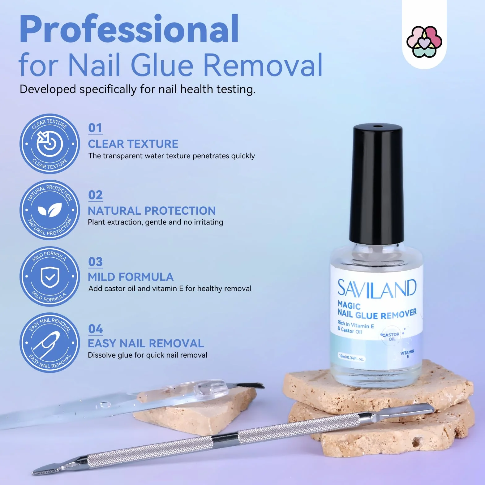 Saviland Kit de Dissolvant pour Colle à Ongles avec Huile de Ricin, Vitamine E, Pousse-Cuticules et Fourchette