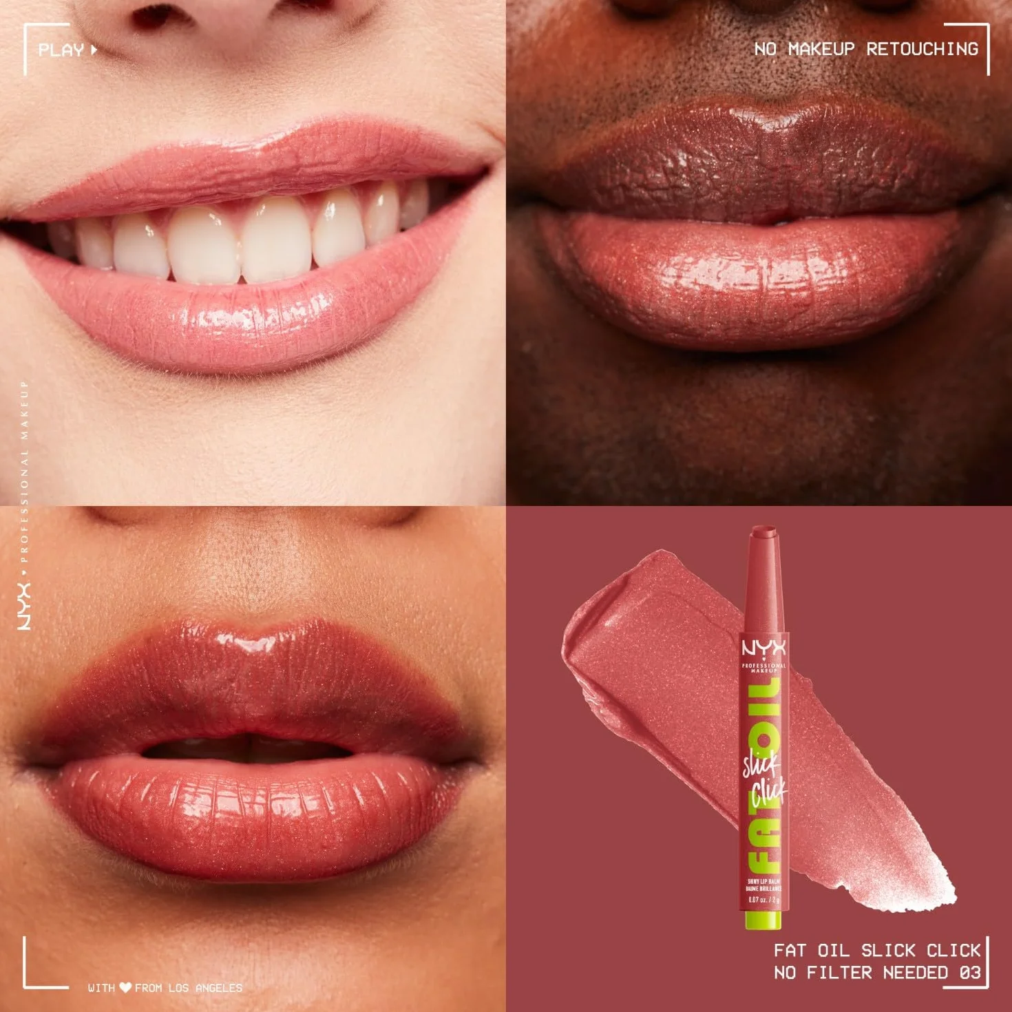NYX Professional Makeup Fat Oil Slick Click Baume à Lèvres Teinté, Teinte No Filter Needed, Hydratation Longue Durée, Vegan